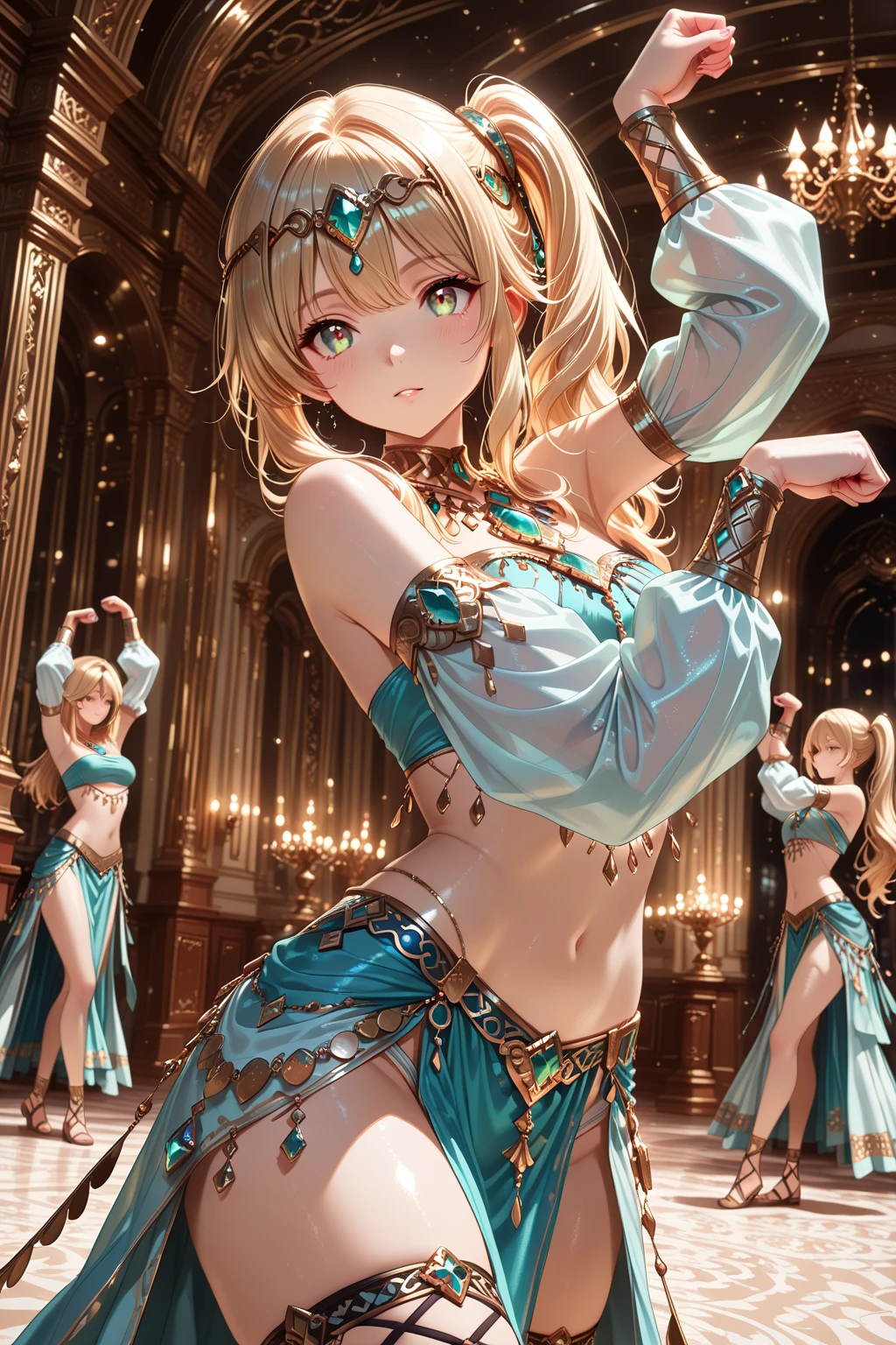 Cinematic lighting、Highest quality、1 Arabian dancer、Sweaty、Embarrassing、On Stage、Dancing、Wet crotch、See-through nipples、