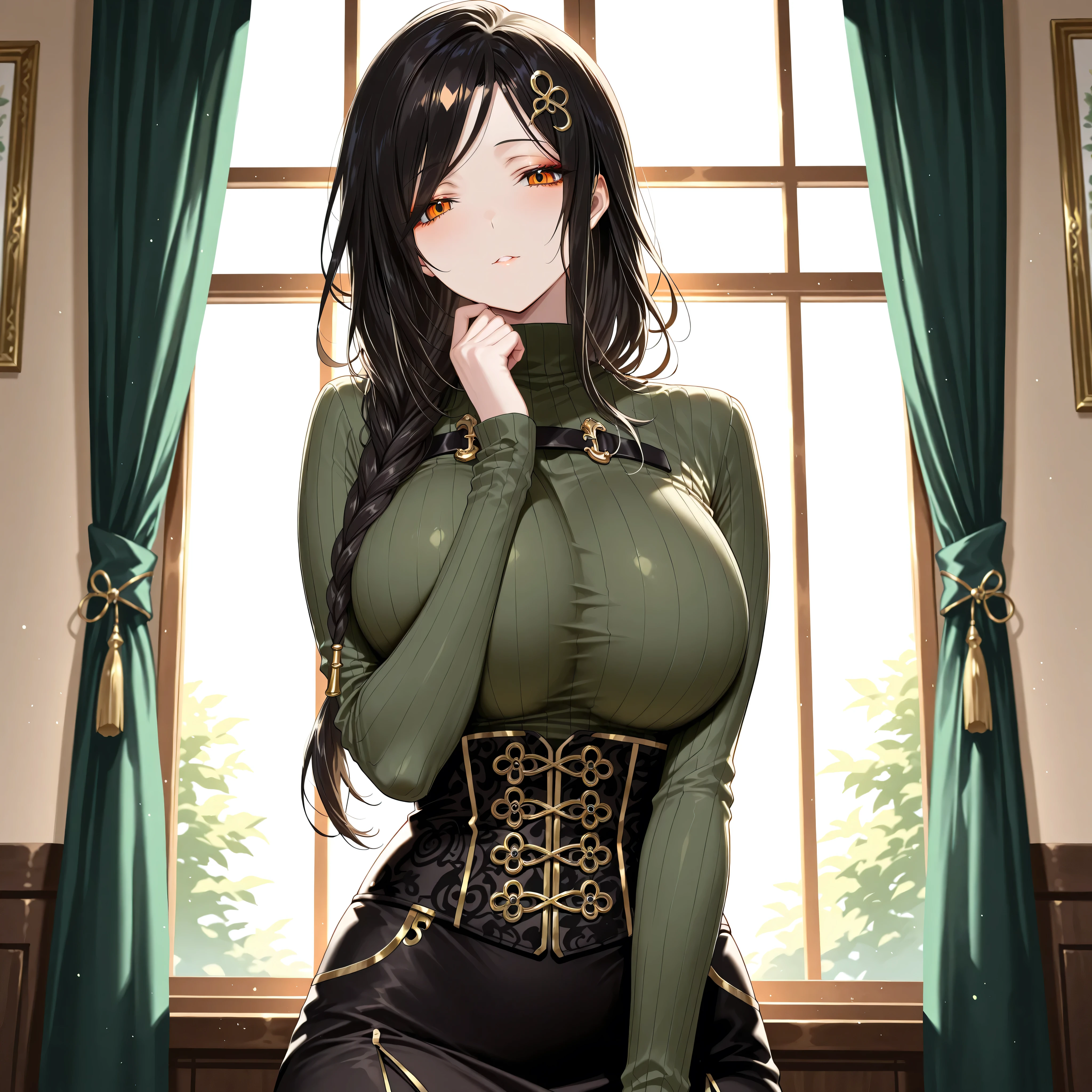 solo,masterpiece,best quality,super fine illustration、finely detail 、clear picture、UHD、HDR, amazing quality, highres, absurdres, very aesthetic, high resolution, ultra detailed, perfect details,(masterpiece, detailed:1.2)、nijitomoe,huge breasts,orange eyes,black hair,makeup,long hair,single braid,hair over sholuder,hair ornament,mature female,nijitomoecos,green sweater,ribbed sweater,long sleeves,gold trim,black corset,black skirt,long skirt,