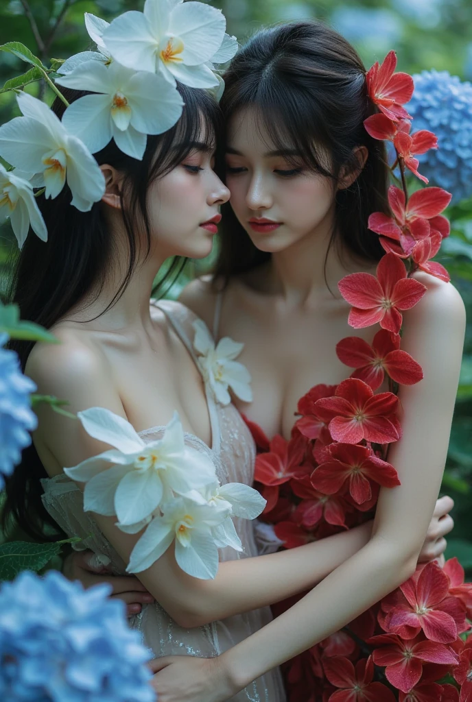 Beautiful young woman, completely naked Medium bust Sitting in the middle of a field of flowers