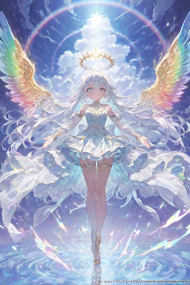 (masterpiece:1.4), (best quality:1.4), (very cute angel girl, ultra-detailed face, jewel-like eye, white very long hair, colorful gradation hair:1.4), (ring of angels:1.4), (angel wings:1.4), (full-body, perfect two arms, perfect two legs:1.4)
BREAK,
(detailed background:1.4), ultra-detailed background, (Light Effects, floating crystal, floating cloud, floating flower:1.4),
BREAK,
(perfect anatomy:1.4), (perfect hand:1.4), (perfect four long fingers and perfect short thumb:1.4), (thumb shorter than other four fingers:1.4),