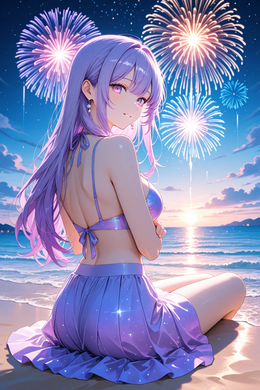 Vast night sky pictures,((Top quality:1.4),(Unparalleled masterpiece),Night Sky: 1.4,(Fireworks: 1.4, Aerial Fireworks: 1.4), highly detailed 8k CG unit,,Bokeh,Depth of field,, Beach, Sea, Volumetric Lighting,(Dynamic Composition: 1.4),Bikini girl standing on the beach, character 0.3, Very detailed, Colorful details, (Iridescent: 1.2), (glow illumination, atmosphere lighting), dreamy, magical, (solo: 1.2),