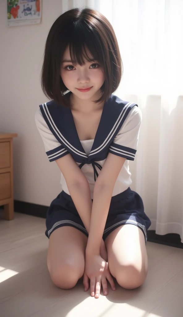 top-quality,ultra-detailliert,​masterpiece,realisitic,Photo Real,Bright lighting,1 clove of garlic:1.2), Upper body、The upper uniform is torn and the bra is visible.、A sexy、Skirt flutters、Cute underwear、Uniform torn、kawaii、((white hairband)) Angle from below、skinny、small tits、an extremely beautiful 17-year-old girl, (kawaii:1.2),Bursting smile, Black eye,A dark-haired,bobhair、,(bangss),perfect glossy skin,flawless skin,((erotick,sexy for)), large full breasts,big breasts thin waist, Look at viewers,a sailor suit,high-school uniform:1.2、shortsleeves,neck tie, black socks、Futomo、(Loafer shoes), during daytime,Raise