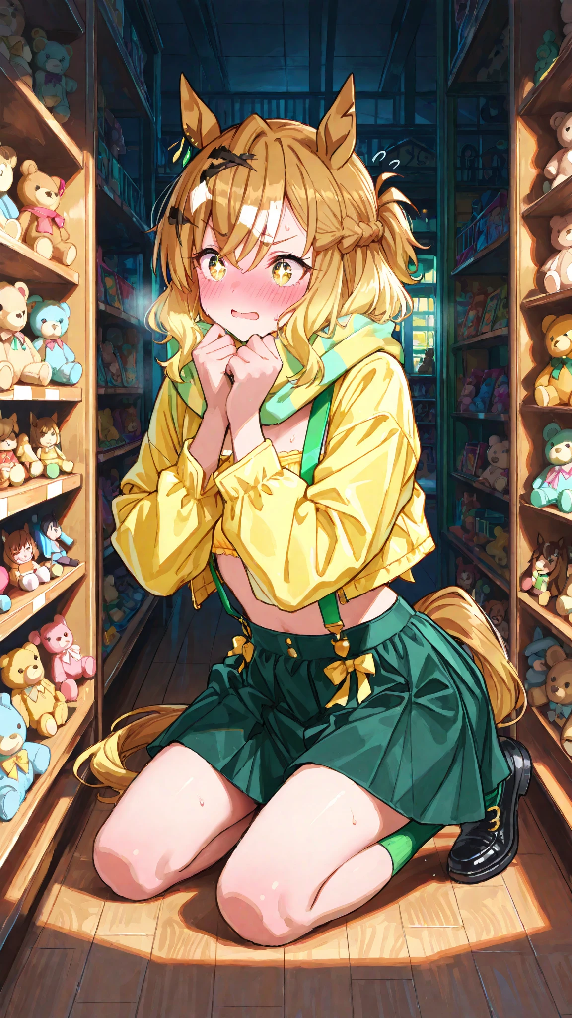 masterpiece, best quality, girls, 10yo, (petite), twintails,
 embarrassed, squatting, naked hoodie, open clothes, bare small breasts, in supermarket,