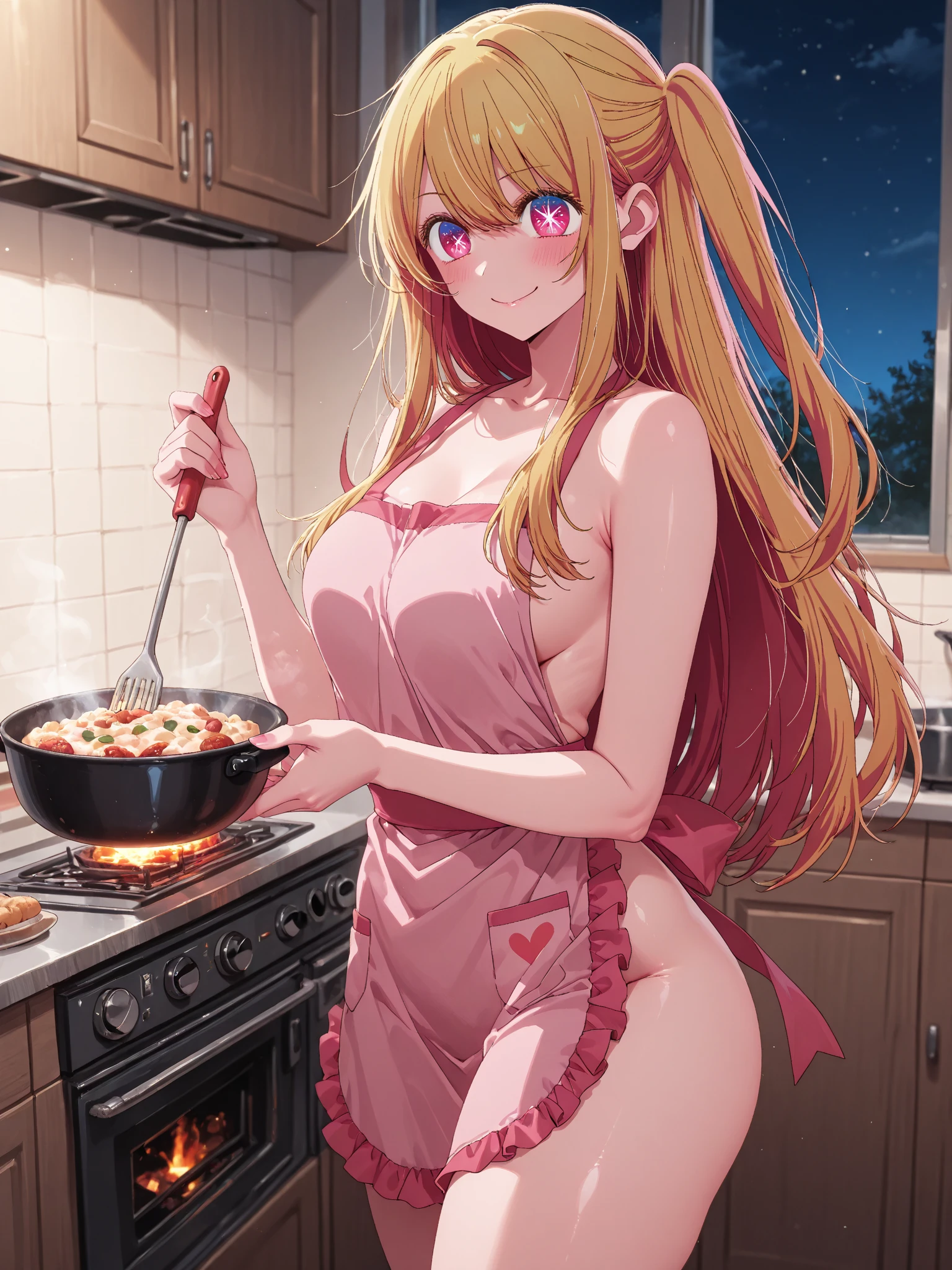 rich morizono .blue eyes, blonde hair, blush, hair ornament, long hair, two side up,, large breasts, live stage, solo nsfw naked cooking