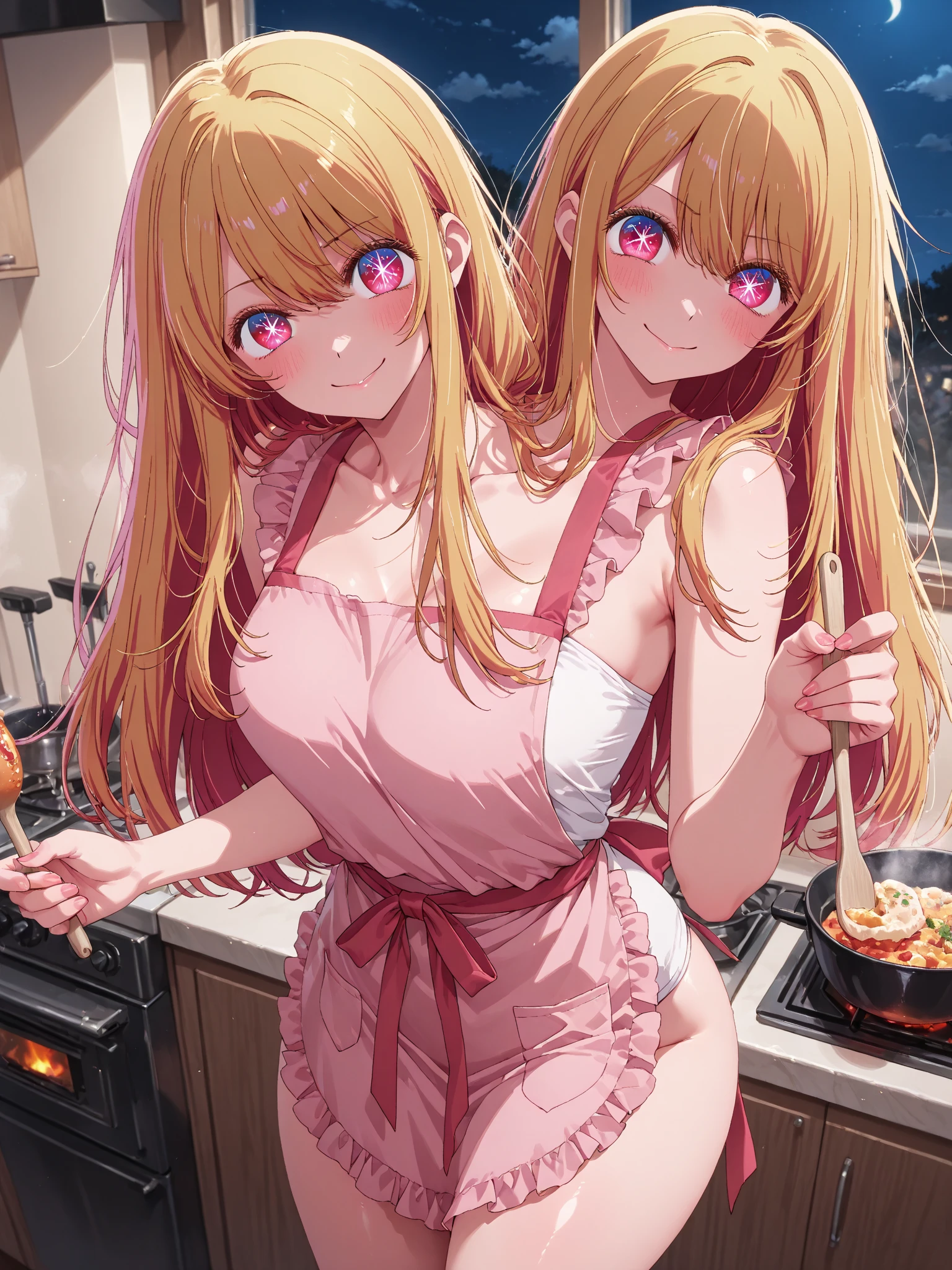((2 girls), solo, clevage, Big round breasts, trendy, stylish, clevage, thighs, hips, realistic, pink hair, blonde hair, light green eyes, lip gloss, detailed face, amazing big eyes, eye details, big lips, eyebrow details, blush, naughty, mischevious face, HD, good quality, messy kitchen, sexy, baking chip cookies, mess on breasts, pink apron, hot
