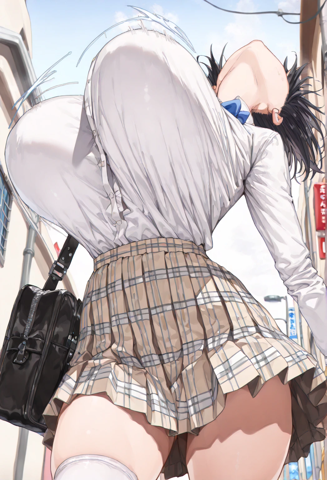 Best Quality, High resolution, Unity 8k壁纸, (Illustration:0.8), Perfect Lighting, extremely details CG, (Perfect hands, Perfect Anatomy),masutepiece, Best Quality, hight resolution, nffsw, Short hair, hair clips, Large breasts, grey sweater, black sailor collar, Yellow neckerchief, Black skirt, Outdoors、 (View from behind1.3)、 (Blue stripes々Panties:1.3)、(Skirt that rolls up:1.3)、(Fully exposed panties:1.5),、red blush、embarrassed from、, Accidental exposure, Skirt lift, (Bag:1.3),  (Ass), embarrassed, Blushing, wobbly mouth,  from behind, Looking at Viewer, Outside, Panties, Sexy, thick thighs, wide hips