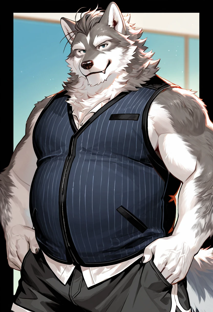sketch of anthro overweight wolf with big round belly stands in an urban alleyway. serious expression is marked by a small scar on his cheek. He sports a black tank top, blue jeans, and a dog tag necklace, digital art, anime stylish style, kemono art, e621, pixiv, cartoonish