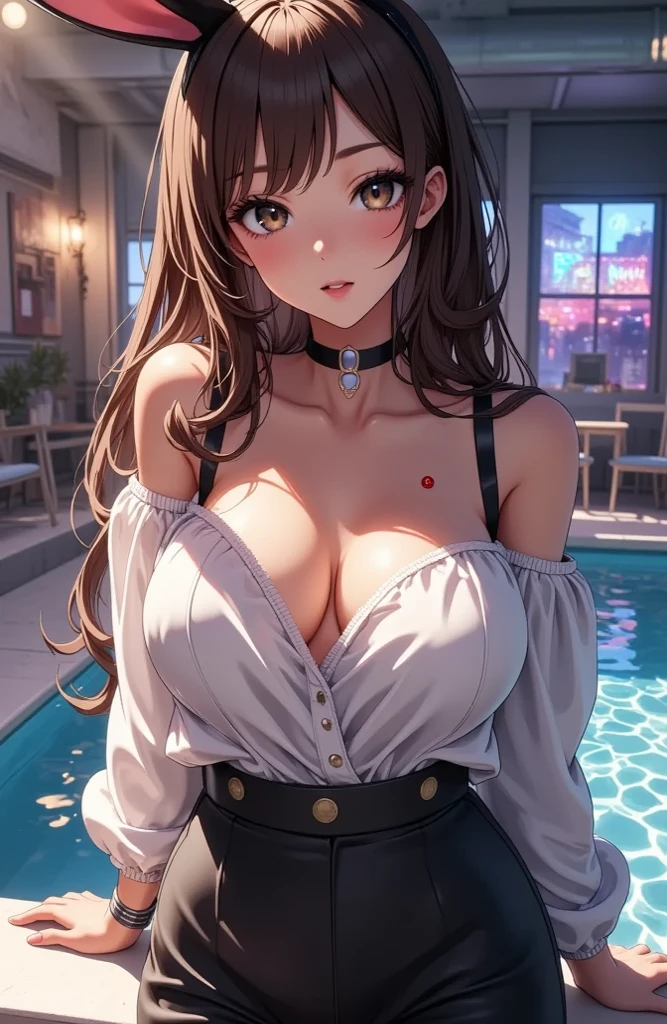 girl alone in the rain、blush、((カラフルなtransparentキャミソール))、((standing by the pool and smiling))、look at the audience、heavy rain、big and full breasts、transparent, A colorful fluorescent camisole that sticks to your chest when wet、thin, Colorful fluorescent camisole that highlights your chest、transparentでカラフルな蛍光キャミソールを着た女の子と雨の中の女の子 、standing by the pool in the rain、Floral、hairpin、necklace、earrings、get wet and lean forward、look up from below、Depth of written boundary、尖ったred mouth、reddish brown wet shiny short hair,red mouth,black eye、clavicle、beautiful fingers、hourglass body、full body portrait、stretch your chest and relax、cute wet face、full body portrait、cute wet face、digital illustration, (Photoreal:1.3),(Raw photo.), (table top,highest quality,Ultra high resolution output image,) (8K quality,),(Image mode Ultra HD,),(Image mode Ultra HD)、