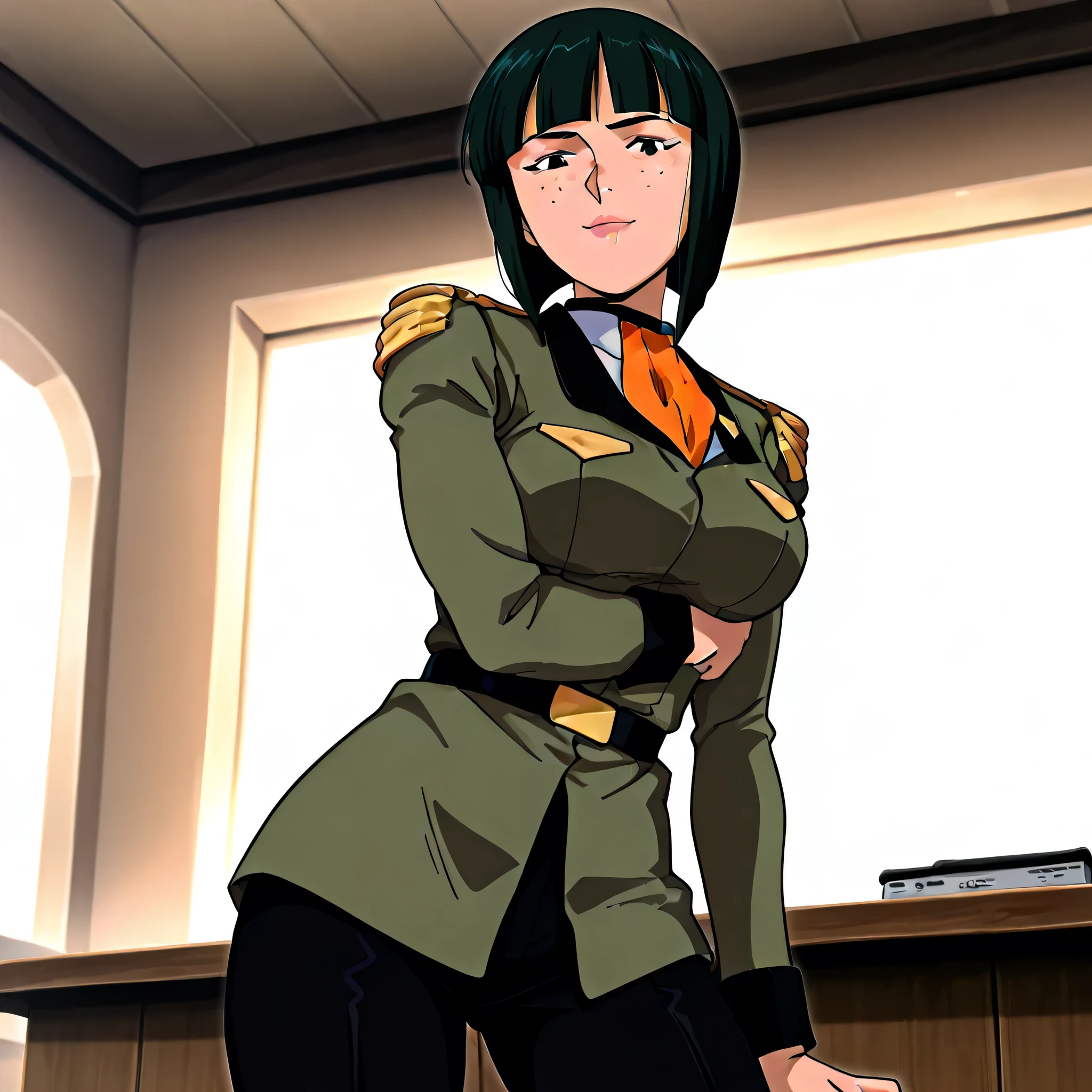 (((Masterpiece))), (((Best Quality))), ((Super Detail)), ultra-High resolution, score_9,score_8_up,score_7_up,score_6_up,score_5_up,score_4_up, BREAK, source_anime, anime screencap, uncensored, Masterpiece, (absurdres), (detailed background), (very aesthetic), detailed beautiful eyes, outstanding, countershading, detailed soft lighting, an exquisite animation illustration, curvy, highres, uniform, military uniform, green jacket, long sleeves, epaulettes, white shirt, orange ascot, belt, black pants, (((solo, 1girl))), hair ornament, seductive pose, submissive pose, anime style, anime coloring, animification, megami magazine, sexy pose, large breast, mature female, connie, green hair, black eyes, bob cut, freckles, pink lips, dark green hair,