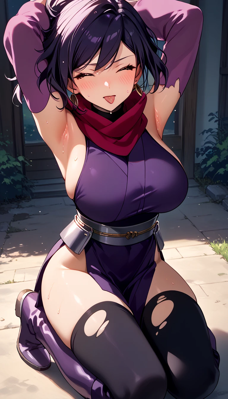 ((NSFW、big breasts、large areola、beautiful nipples、topless,shiny skin:1.5))、masterpiece, best quality, souka, orange scarf, red dress, sash, vambraces, forest, upper body, looking at viewer, large breasts, smile、((nipples are visible))