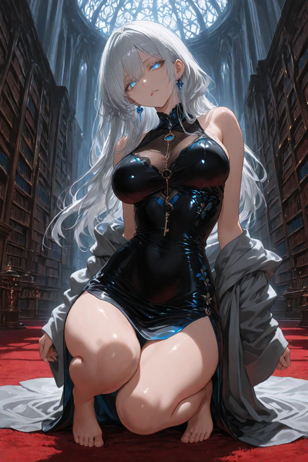 top-quality、Top image quality、tmasterpiece、girl ((Sixteen years old、medium chest circumference、obsessed、tempting pose、Breasts wide open,sliver long hair、micro-curly hair、expectant expression,charming body、Grand canyon、Silver transparent dragon skirt mixed with modern sexy clothing))high high quality、beautiful art、Background with((luxury hotel、Starry city night view outside the window)))、visual art、depth of fields、Diamonds adorn clothes、Full body lesbian、Emphasize the posture of the hips、Lace、Transparent skirt、Lie down in bed、Hide breasts