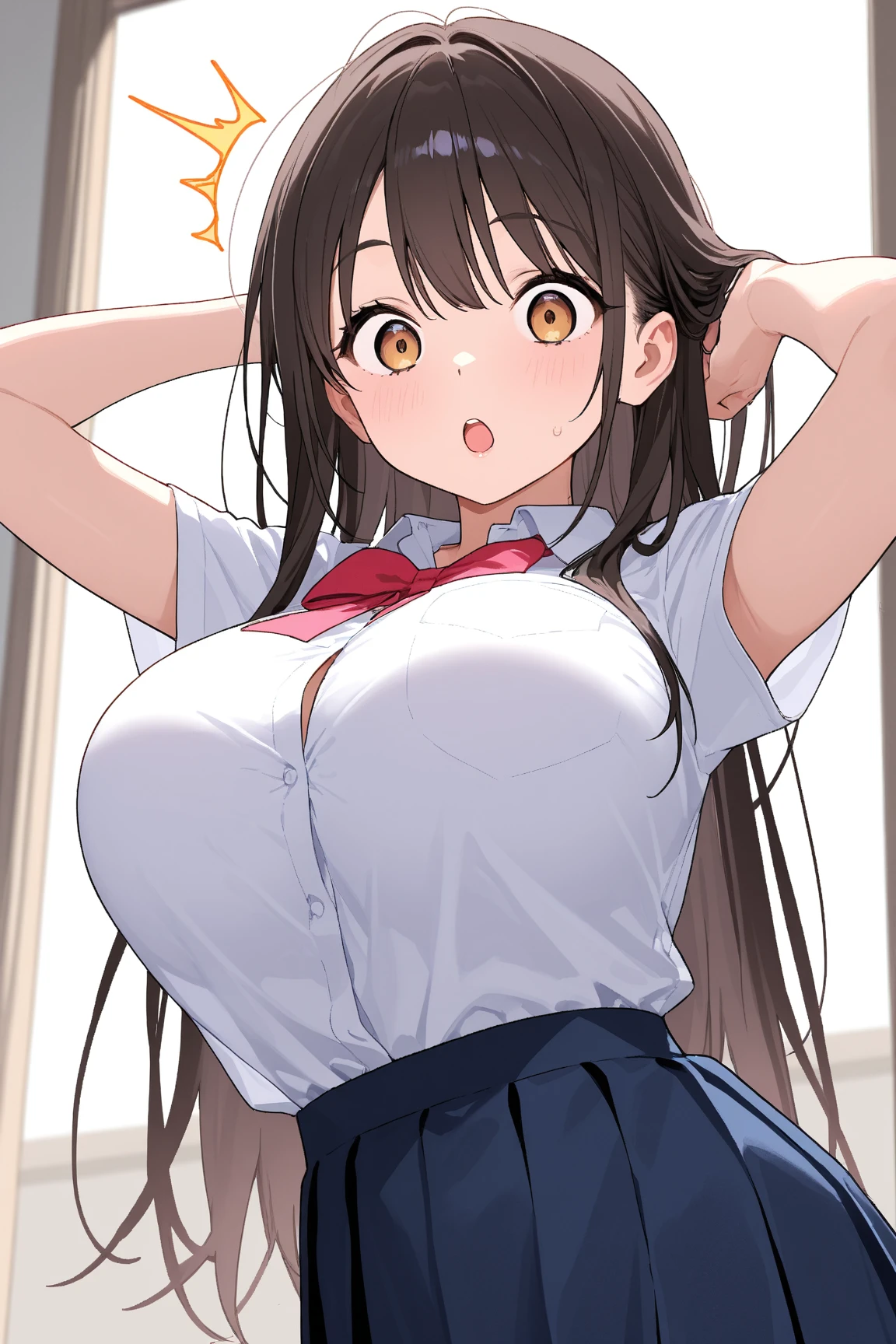 Kotegawa Yui, yui kotegawa, black hair, (brown eyes:1.5), long hair, anger, open your mouth,
break green skirt, Plaid, Plaid skirt, sainan high school uniform, school uniform, skirt, sweater vest, (yellow sweater), short sleeve,
break looking at viewer,
break indoors, classroom,
break (masterpiece:1.2), highest quality, High resolution, unity 8k wallpaper, (figure:0.8), (beautiful and fine eyes:1.6), highly detailed face, perfect lighting, Very detailed CG, (perfect hands, perfect anatomy),(large breast),(shirt lift:1.4),(show off bra),close-up,(black bra:1.4),(huge round breast:1.2),from below,(slender:1.3),toned stomach