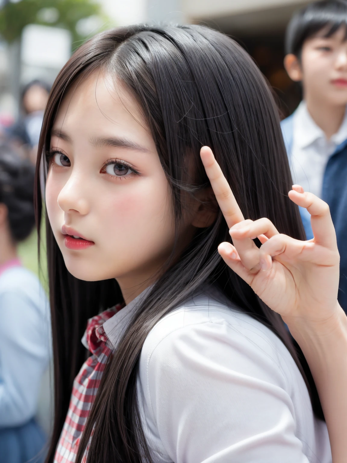 There's a woman with long hair and tie holding a pencil, Retrato de Jossi de Blackpink, Ulzzang, Ela tem cabelo preto com franja, Lalisa Manobal, com franja, Retrato Jisoo Blackpink, Lalisa Manoban do Blackpink, Sakimichan, com franja completa, Shikami, Fotografia selfie 8k, Jaeyeon Nam