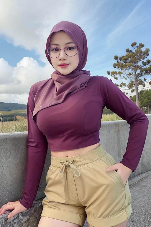 beautiful malay college woman age 15 name mira, eye brown wearing hijab,tudung muslim, nerd eyewear, looking at viewer, portrait, hyper detailed POV, by lee jeffries, nikon d850, film stock photograph ,4 kodak portra 400 ,camera f1.6 lens , ,hyper realistic ,lifelike texture, dramatic lighting , cinestill 800, (((Instagram Bae Suzy))), (middle breasts:1.3),(Slim abdomen: 1.2),(Open your legs:1.2), ((hot pants)), training shorts