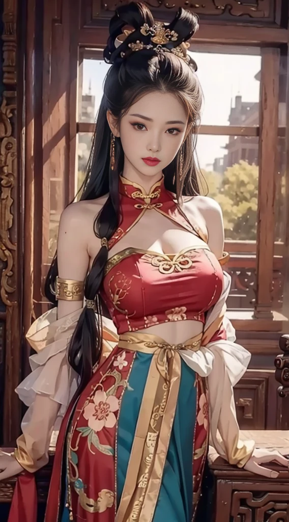 （From the outside） （shiny skins）， many color，Best quality at best，tmasterpiece，photograph of-realistic，Complicated details，RAW photogr，Court，Gorgeous cheongsam，Extra-long hair，cropped shoulders，delicated face，Expose cleavage，decorations，Hide hands