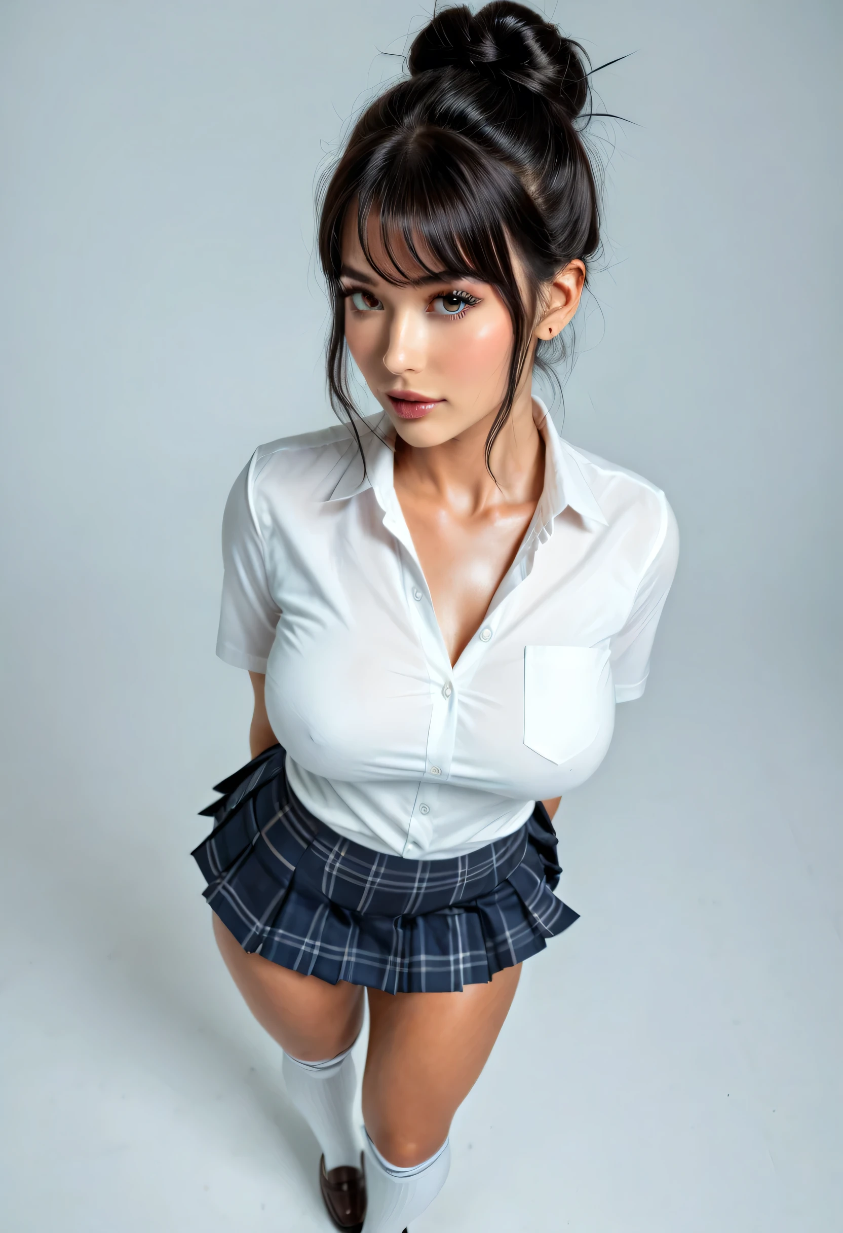 Looking at this, extremely attractive brunette girl, gazing seductively, smilingly coyly with wide open mouth, dark eyeliner, micro plaid school girl skirt around waist, fit body, soft skin, skin tight, crotch wide open, legs spread open, white lace underwear, pubic area clearly see-through, smooth pubic area, wet lace underwear sticking to skin, squatting on the ground looking up at viewer, mouth open full of cum, cum all over face, point of view from above, extremely detailed, masterpiece, 8k, in classroom