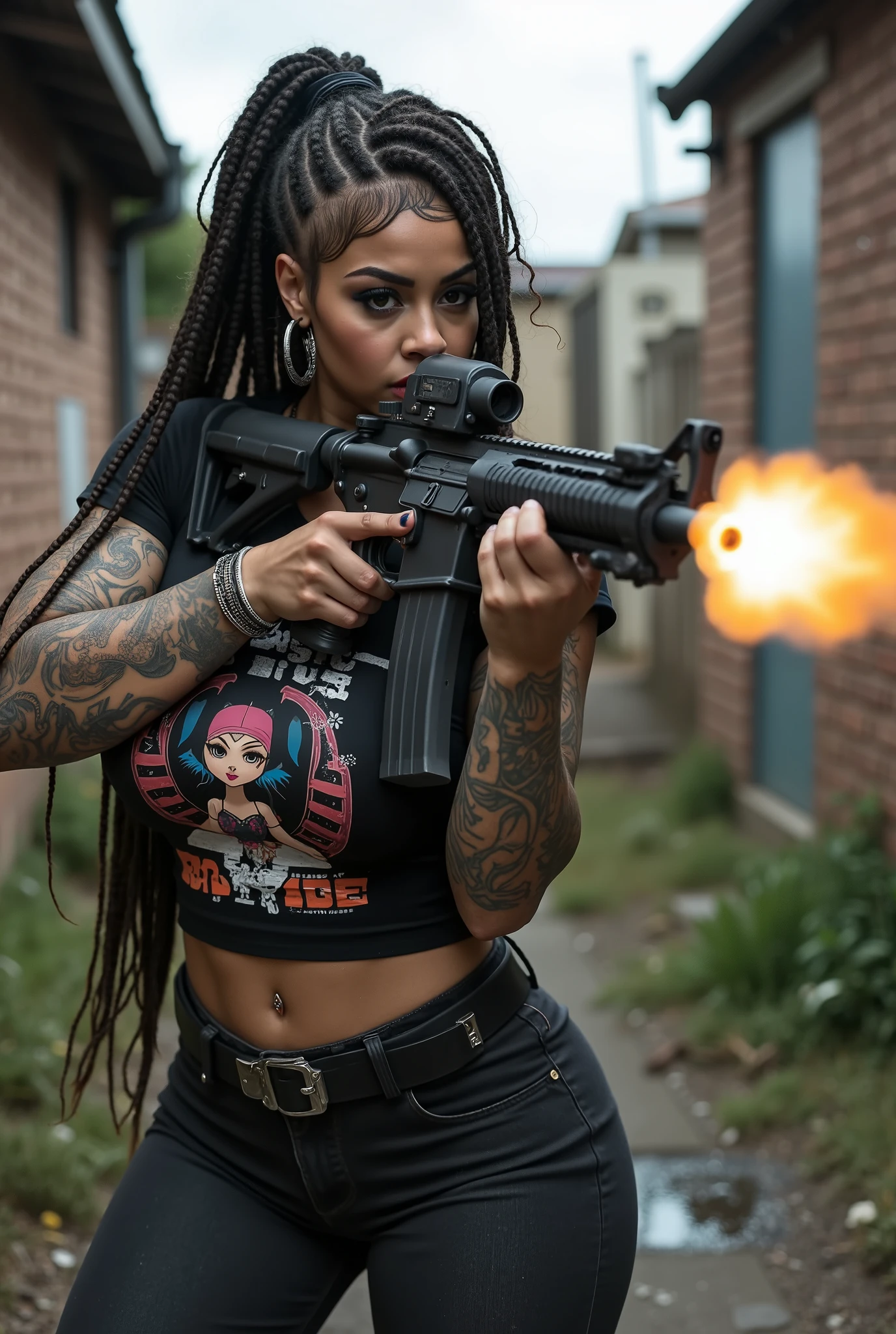Uma mulher sexy, com seios grandes, athletic body and thick thighs, Are you in combat position holding an M16 rifle in shooting position. She wears a tight black t-shirt printed with a cartoon character, combined with tight jeans, In addition to bracelets, tactical belt and holster. Her body has artistic tattoos on her arms, ombros e peito, well visible.  She is without a helmet , with long hair in braids and dreadlocks.

An intense and realistic flash muzzle emerges from the barrel of the rifle, with an orange-yellow glow, subtle smoke and lighting reflected in the surroundings, leaving the scene with an atmosphere of true shooting. the setting is a slum, with narrow alleys , simple exposed brick houses, painted walls and vegetation scattered between buildings, transmitting a tense and cinematic urban environment.

