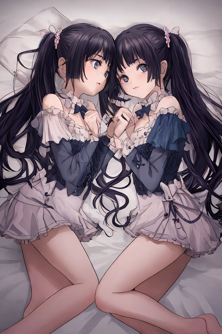 Black long-haired anime girl sitting on bed, ecchi anime style, highest rated on pixiv, cute, pregnant, belly, beautiful lingerie, perfect face, blue eyes, french maid, raised lace skirt, look from under the skirt, blonde, black skirt, raised legs, domineering look, view between legs, lace panties, panties visible, hands on the edge of skirt, panties peek, view from the inside of skirt, belly, lace underwear, panties view