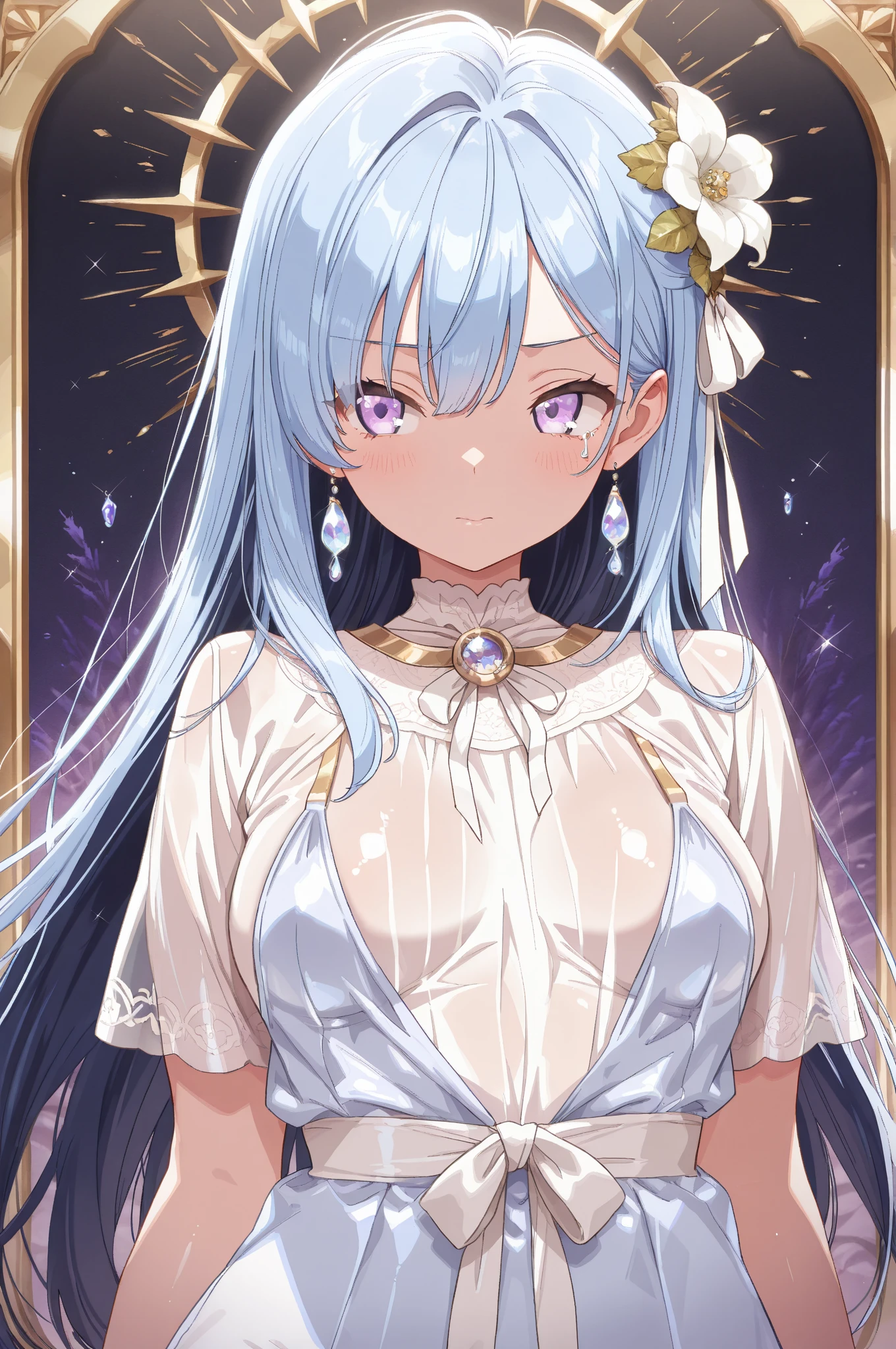 (MASTERPIECE)、(Top quality anime illustrations)、(ultra definition)、one girl、solo、Beautiful girl with silver hair、Anime Loli、Cat eared loli、See-through priest costume、Female Pope、Sleeveless、a smiling look、Cleavage emphasis、Lower milk emphasis、thights、Tarot card style、Female Pope