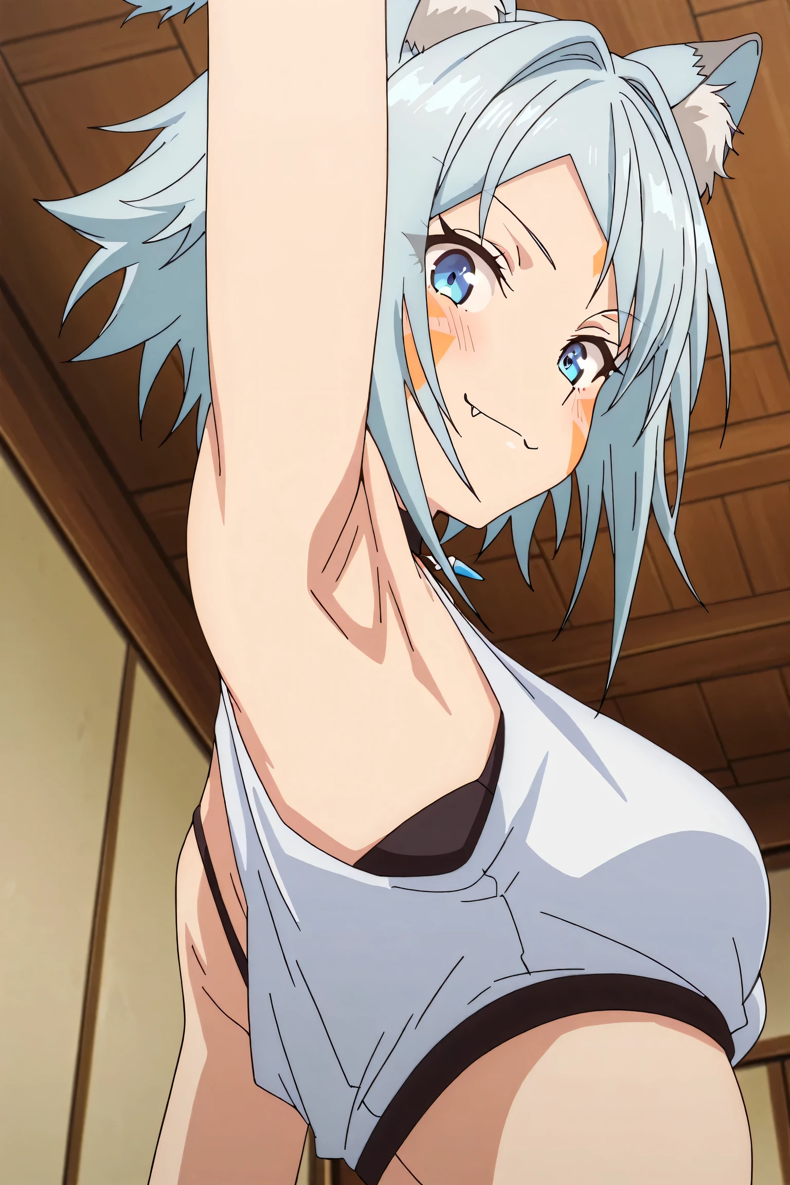 masterpiece, best quality, wallpaper, 1girl, solo, looking at viewer , rimuru_tempest, blue hair, yelow eyes, long hair, ((((small breast)))), ((breast grab)), nipples, bedroom, confident smile, (smug), nude, centered