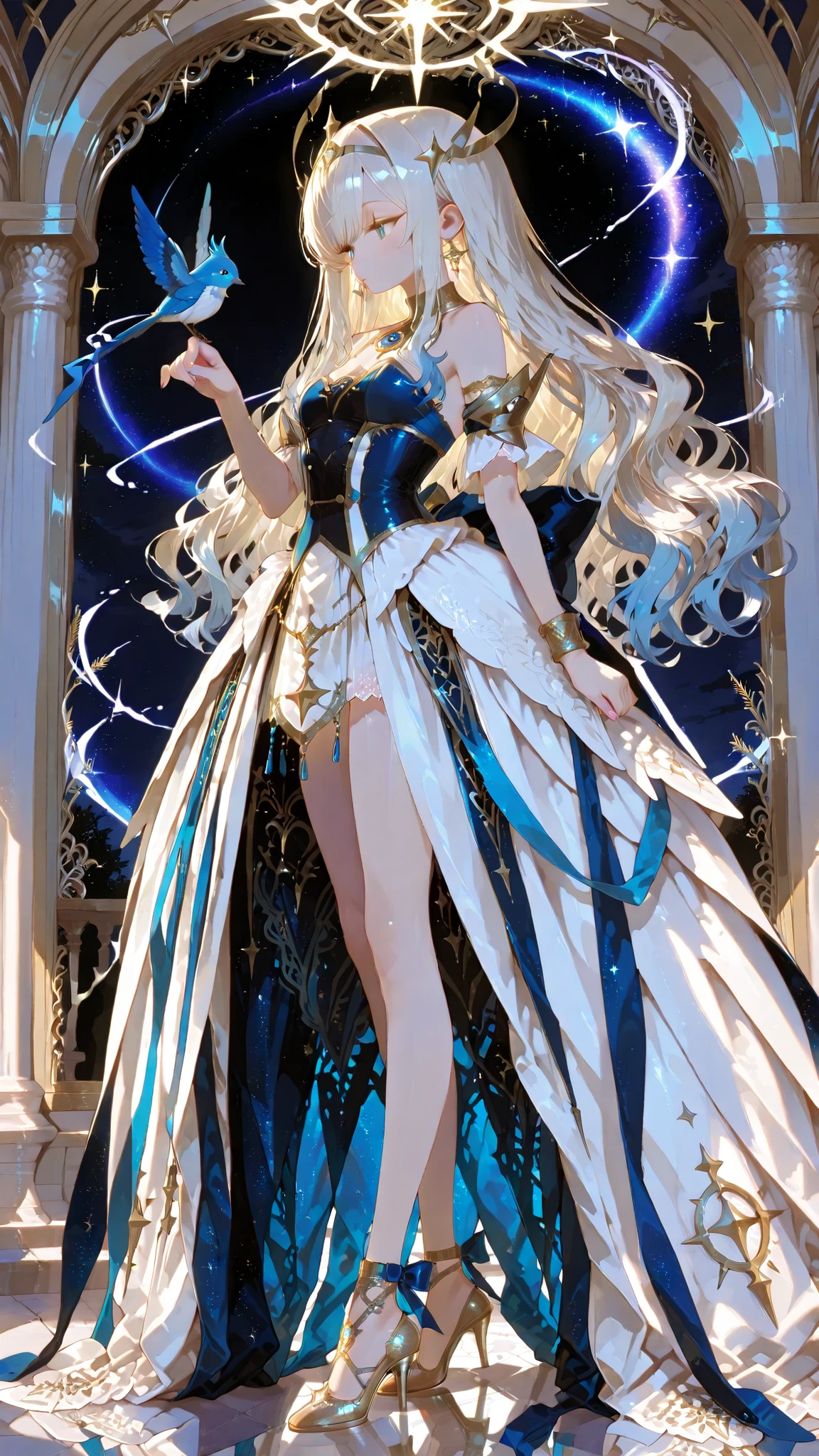 battlemage_neopresencia,,visiosomni,Outstanding Works,Slightly realistic, Excellent quality, is very beautiful, 超high resolution, high resolution,anime style,,character wears a delicate, Fantasas-inspired garments stand elegantly in an ethereal setting. The main attire is a delicate lavender and white dress, featuring layers of designer ruffles and semi-sheer fabrics suggesting a whimsical, fairytale aesthetic. The dress features a bow and intricate lace detailing around the bodice and hem, giving it a glamorous, playful appearance. The character wears matching accessories, including a headband adorned with ribbons, lace and armbands that complement the colour scheme of the suit. Lace-up heels in a vibrant blue colour finish the look. Reflections of light and sparkling particles float around, hinting at a magical atmosphere, while a cute, bluebird-like creature with decorative features hovers nearby, adding to the enchanting theme. The overall composition is full of light and sparkle, evoking a sense of wonder.Side view, wavy hair