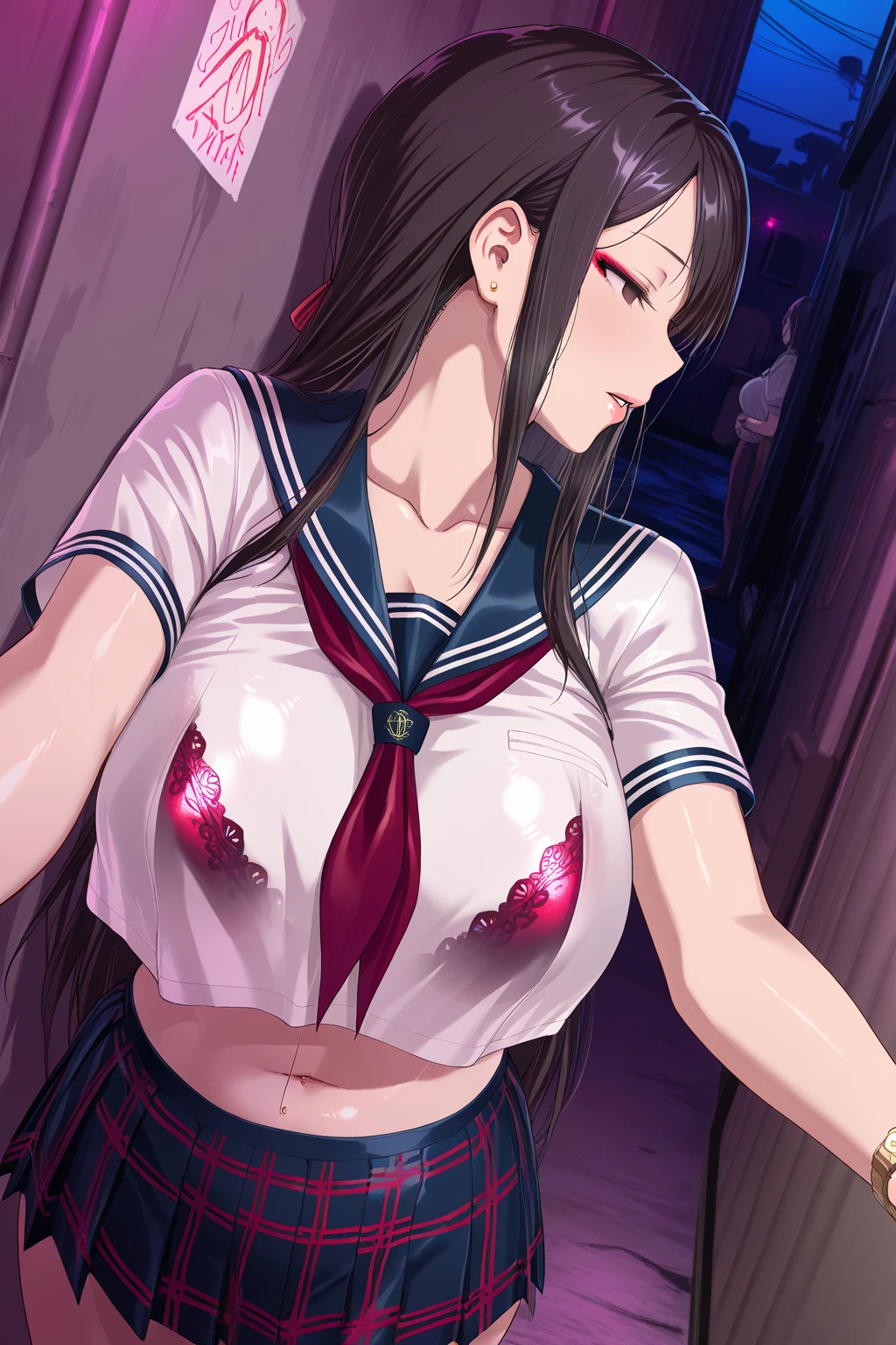 NSFW、Primary school students、、Long Hair、((Small breasts、Small breasts、Angry))、((Sweating profusely、Full nudity、Wrapping a ribbon around the body))、Draw the whole body、Dancing、Hold the microphone、Standing on the idol stage、Raise your arms、Show your side、Realistic body、wears an iron collar