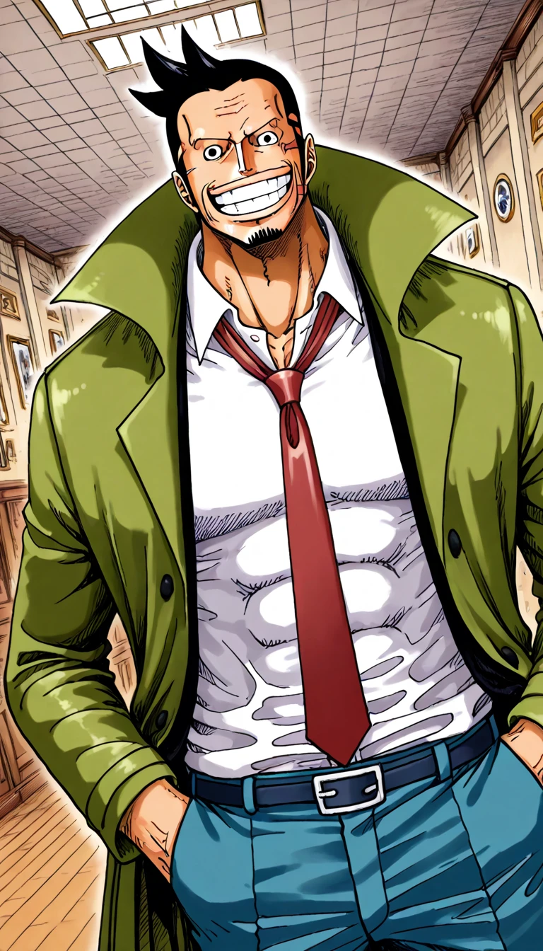 Generates a full body image of a French man with an annoyed and serious expression, tall with purple eyes, purple star earrings, Long fluffy blonde hair with a hairstyle similar to Johnny Joestar's but more noticeable and bigger. A long dark green jacket not buttoned,  but with two black belts forming an X on his , a black cargo pants and dark red shoes, a black and white belt with a star in the middle. jojo's style.