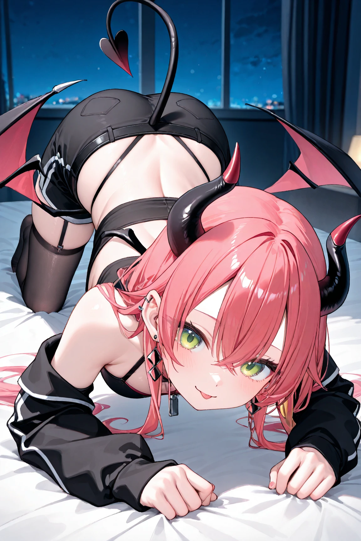 tmasterpiece,HighestQuali,An anime girl,sexy for,The beautiful,red tinted hair,short detailed hair,With bangs,Shy,Blushing,Tsundere,Lying on the bed in a bikini,Good figure,black lence stockings,Sweaty,Correct limbs,Medium breasts,Cute breasts,perfect hand,16 yaers old,(succubi),devil horns,There is a pink heart glowing in the pupil,Succubus Tail,Erotic tattoos of the lower abdomen,spread their legs,squatt,open open mouth,The whole body is covered with white mucus,Expose the genitals