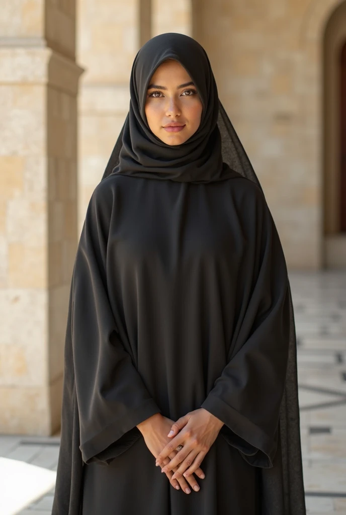 ((work of art, best qualityer:1.3)), Islamic clothing (perfect) - Tight (niqab, hijab, abaya), (Depth of field:1.3),
((work of art, best qualityer:1.3)), 18 year old Indonesian girl, 1 girl, Round neck long sleeve t-shirt and fitted maxi dress, Waist slender,
((super big tits)), perfect face,
((breasts big muito grandes, addressed)),
Pretty Lady in Islamic clothing,
(standing, gazing at viewer),
breasts big (addressed),
smile with your eyes,
((corpo frontal:1.3