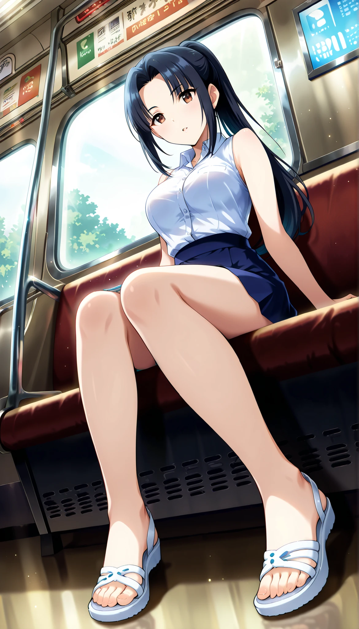 Best Quality, masutepiece, 超A high resolution, Officelady、Adults、femme、age 30s、Long black hair straight、shairband、beauty legs、Office suit、a smile、Legs thin、Tight mini skirt、pencil skirts、Sitting on a train chair、Slimed、legs spread from side to side、White silk panties、high-heels、Light blue shirt、White collar shirt。Open the front of the shirt、white lace bra interview