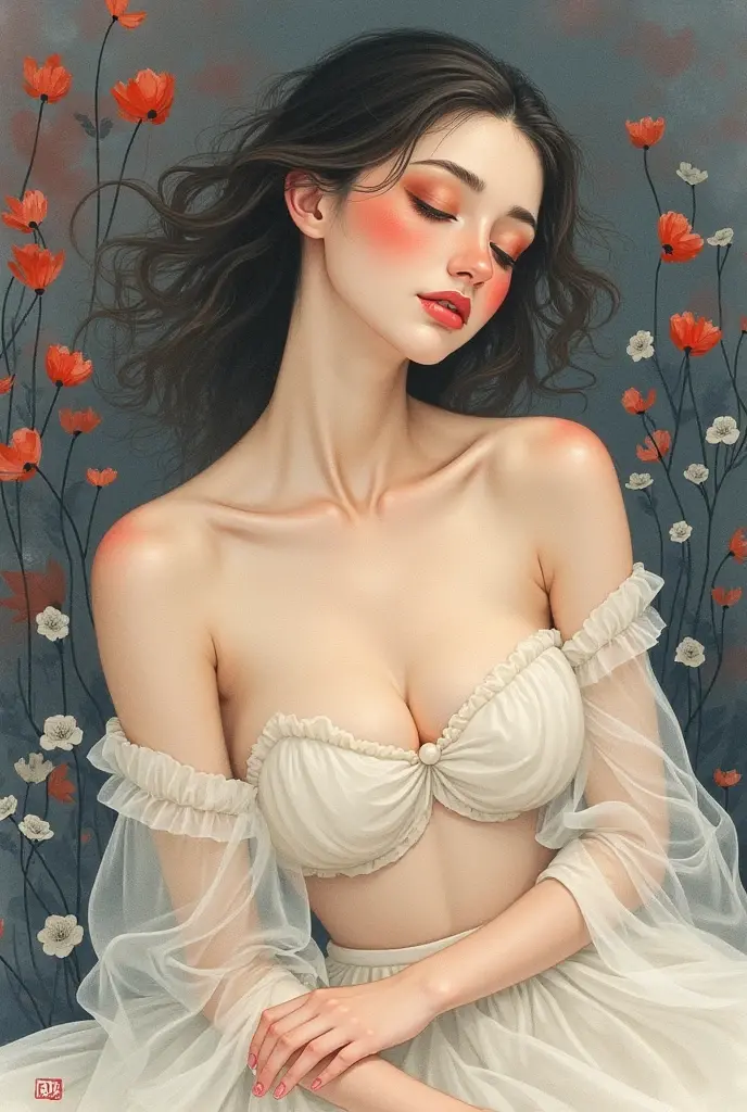 Beautiful slender thin exquisite (nude) girl 16 years old with a perfect face of the southern type with red hair with tender breasts with tender nipples barefoot with bare hips ((with red pubic hairs)) ((in an unbuttoned light shirt over a naked body)) walks along a brick road in the middle of a flowering field, in a gentle watercolor style, Discreet shades, sfumato, haze, diffused dim light, delicate mint shades, imitation of film photography
