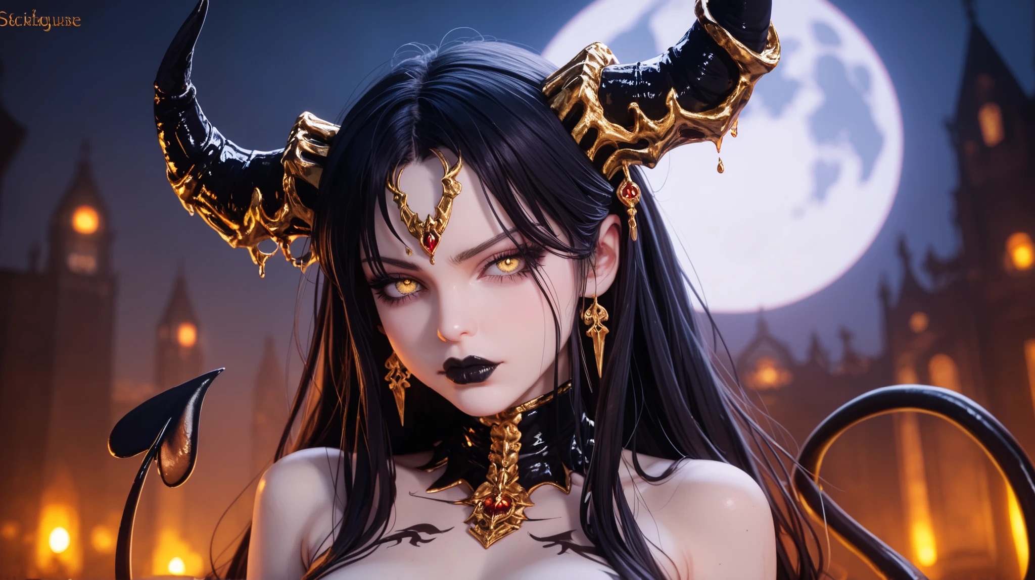 girl , one ,  succubus, sexual propaganda ,pale skin, nude, nipples, cute face, nude, sadness, large black golden curved horns, black long hair,  glowing yellow eyes ,  seductive eyes, finger on lips , demon tail, black liquid on body , gold patterns, Shine, venom жидкость, dark fantasy, lots of spiders under your feet, skulls against, neon black smoke, moon resolution, 8 thousand., photorealistic