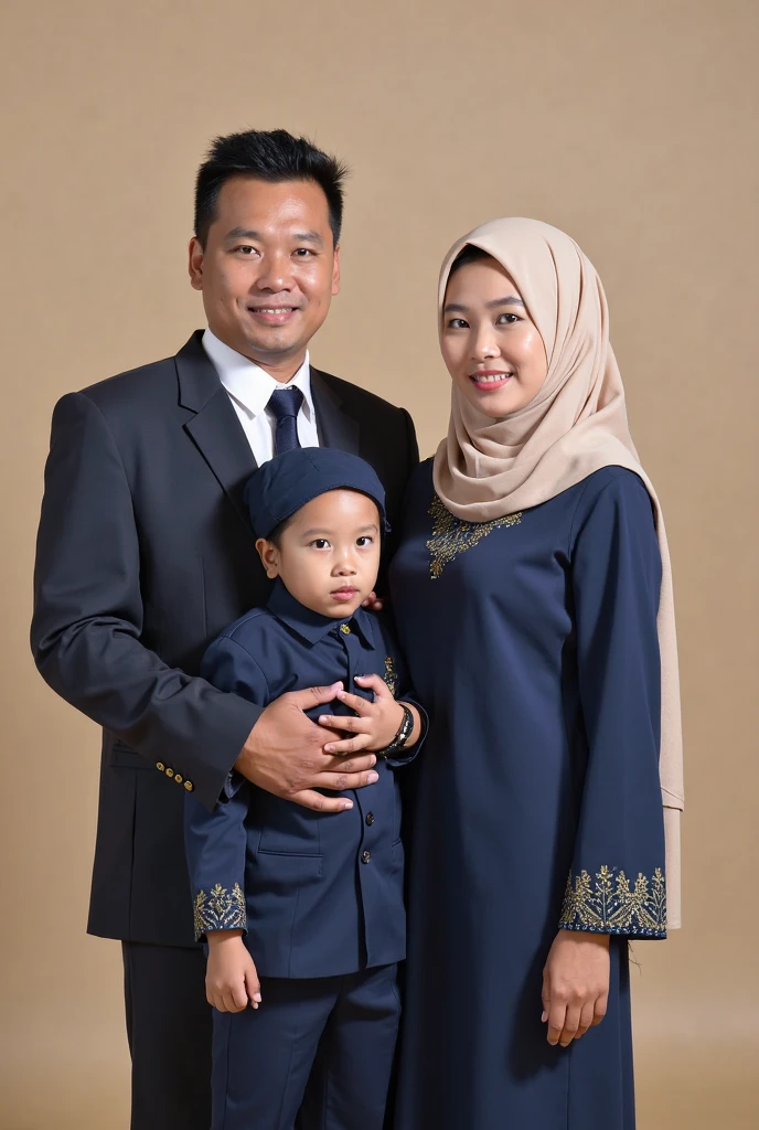 Portrait of young Indonesian man 18 years old wearing a suit and young Indonesian woman 1 wearing kebaya and hijab and  boy wearing a suit and  girl wearing kebaya and hijab standing in a photo studio room,there are flower decorations