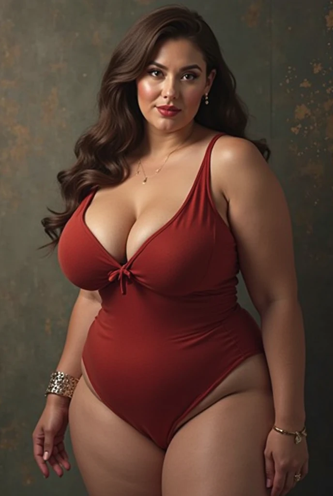 , The character is an impressive woman in her early 30s., with a voluptuous, she is a little chubby, but very sexy, hourglass body that is both imposing and inviting. She is about 1,62m tall with a curvy body that shows fullness, rounded hips and thighs that give it a robustness, feminine silhouette. Her large bust is one of her most striking physical features., complementing her slim waist and emphasizing the dramatic contours of her figure. Her skin is fair, Soft, and has a subtle touch, natural shine that increases your attractiveness. Their long, dark brown hair falls in thick layers, luxurious waves, often styled to frame her expressive face. Her deep brown eyes are intense and captivating, drawing attention with its depth and attraction. They are framed by thick, dark eyelashes that enhance your sensual appearance. Seus pómulos altos e traços Softmente arredondados contribuem para seu visual acessível, but seductive. Your full lips, often highlighted with a bold color, complete their striking facial features. Your body is both soft and strong, with a natural fullness that emphasizes your femininity. She has Soft, well proportioned limbs, com uma curva Soft nos ombros e um pescoço gracioso. Your posture is confident, and she moves with a subtle touch, sensual grace that suggests power and poise. jeneral, the character exudes an aura of confident sensuality, with a physical presence that is both inviting and imposing. She is half naked in a sensual pose, and wears red lingerie. She carries herself with a mixture of grace and assertiveness., fully aware of the impact your appearance has on those around you., 8k hd, so real, very so real, 真实感, fot, real photografic, photo真实感, realperson. 4k ultra high resolution, realistic focus, high qualiy, detailded, sharp focus, realistic lighting. She smiles at the camera, co