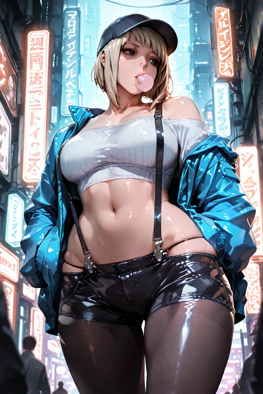 a beautiful young woman, detailed eyes, detailed lips, detailed face, longeyelashes, 1 girl, photo-realistic, photorealistic, realistic, masterpiece, best quality, 8k, ultra-detailed, vivid colors, physically-based rendering, extreme detail description, professional, night city after rain, blue and white theme, side view, close up on lips, short hair, blowing in the wind, shiny red lips, closed mouth, blue topaz eyes, slanted eyes, crouching, cleavage, nylon jacket, bikini top, short shorts