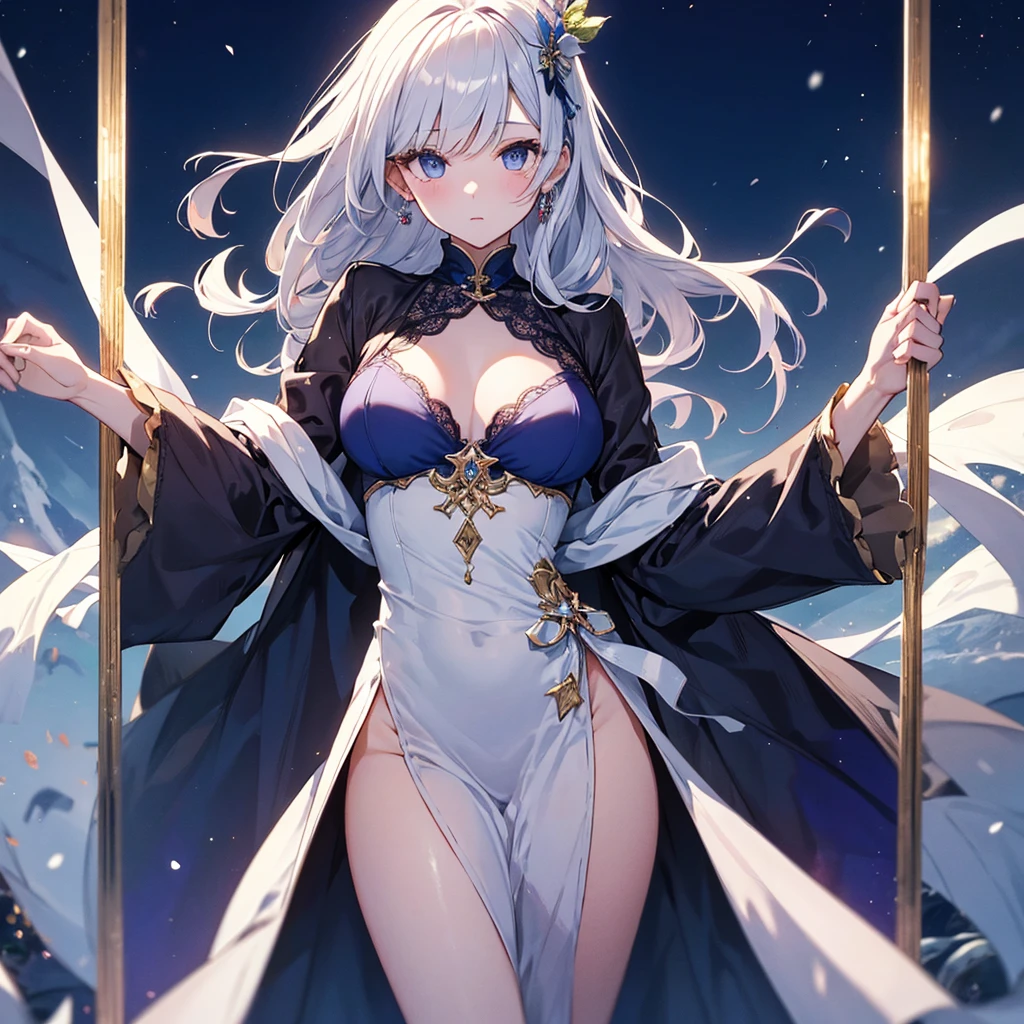 (Best quality,4K,8K,A high resolution,tmasterpiece:1.2), ultra - detailed, (actual,realistically,realistically:1.37), Cute big breasts, fgo Miss Avalon, Elf Girl, Three no girls,hip is cocked,a pink eyes,Long ears, White hair, Fair skin, Willow waist,Aviator,The background is a fantasy city, Pink and white plug set,white clothes, White gorgeous one-piece swimsuit,White boots, short-length straighthair, Cute makeup, Green-eyed, face expressionless, Gray-haired girl, beuaty girl, Moderate chest size, The content is very detailed, actual, Fantasyart, Silver pink high-cut one-piece swimsuit with armor, Pink and white long gloves,long white cape,long white cape,rays of moonlight, Neck and head silver jewelry, White and pink witch hat, Witch Staff