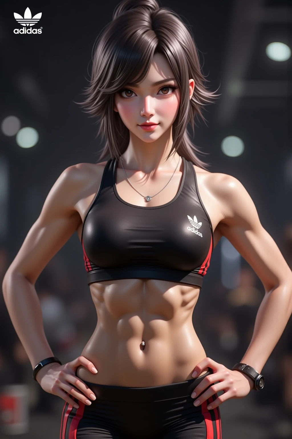 À la Fed woman in black and yellow competitive swimsuit for photo, Super beauty, attractive sporty physique, Wet body athletic bodies, fit girl, Sporty physique, aleksandra waliszewska, fit woman, detailed sports bra Brown short bob 超A high resolution super realistic skin