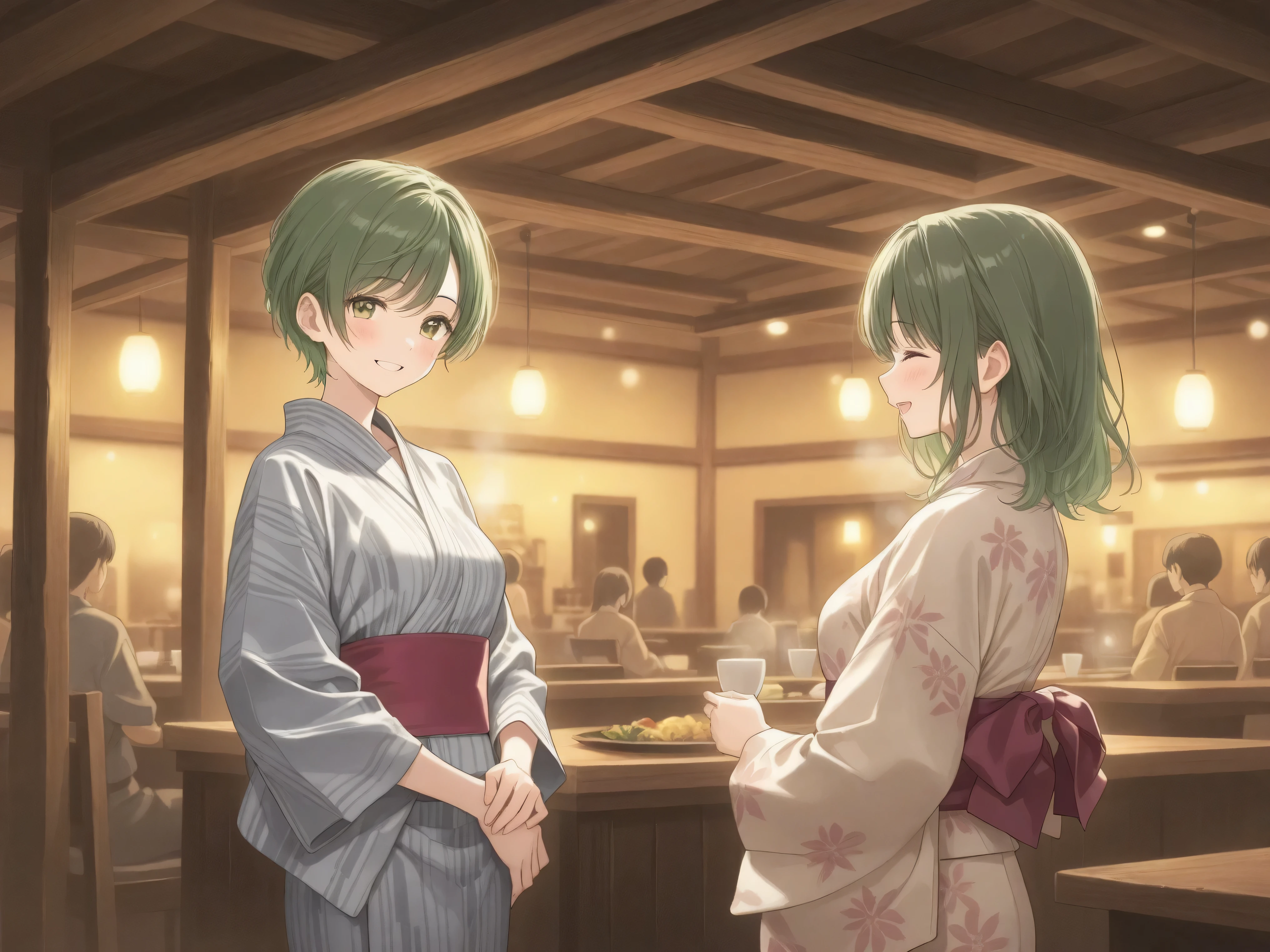 with high quality 4K resolution,womanhood, green hair,short hair,Wearing a yukata,smiling,inn,Hospitality,Warm Atmosphere,Detailed,delicate texture,Natural Light Effects,Graceful Poses,Pleasant Colors
