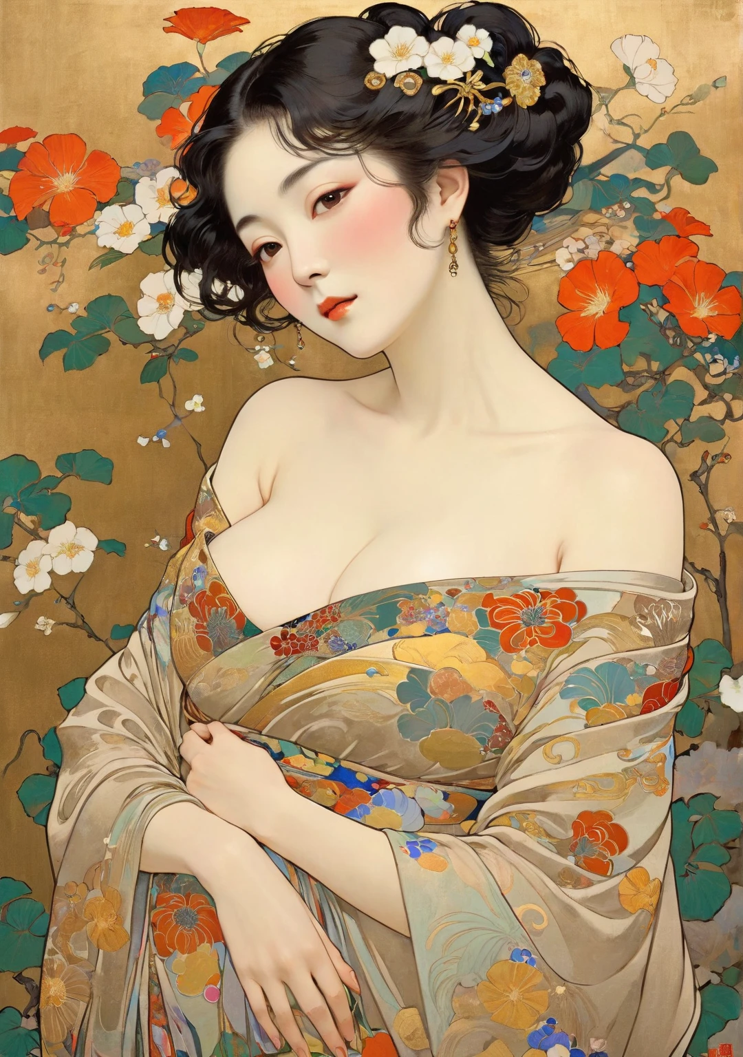 Umalinda warrior sexy, pretty face, Delicious Company, Alluring figure, Wearing a sexy open kimono. The artwork is created in a medium reminiscent of Japanese ink paintings....., 具有大胆的笔触和Monochromatic color palette. artist&#39;Masterful technique reveals the intensity and power of the image&#39;sense of presence，with the highest quality, Perfectly capture every detail with ultra-high resolution. Textures and intricate patterns on kimonos are rendered with extreme precision. Lighting is carefully designed，Enhance drama, Features deep shadows and subtle highlights. General, The artwork exudes elegance and power, Combining traditional Japanese aesthetics with a modern feel. Monochromatic color palette, Combine details, Create captivating and immersive experiences for your audience.