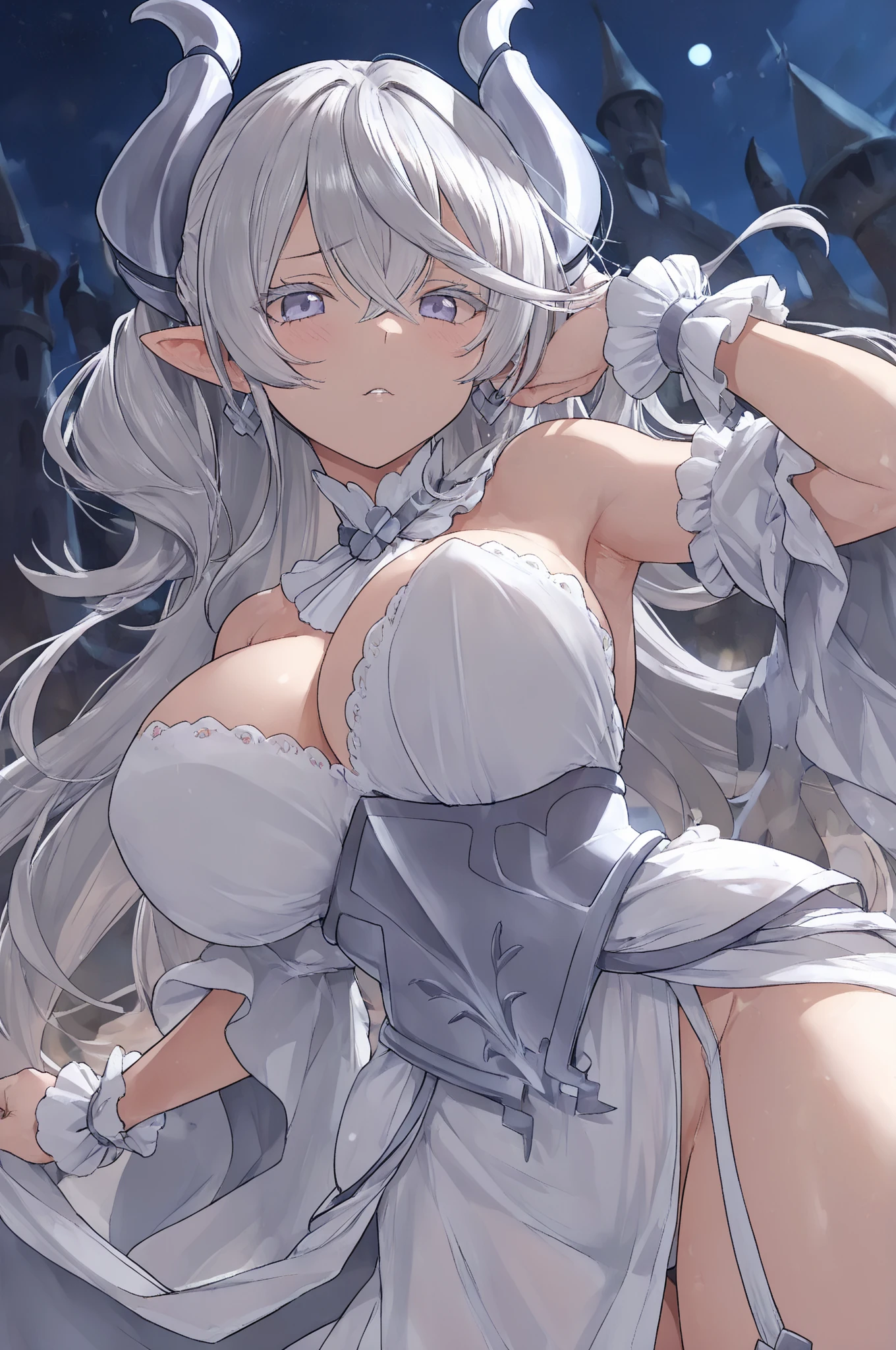 Beautiful arts wallpaper morning Outside castle top  High level image quality　best image quality　8K　 adult woman      more colors   whole body view　portrait　 wearing pure white bikini  　white horn    ears  　short hair（（shortcut）（gray hair）（perm）（fluffy））　eye color is blue ,  　attractive evil face , smile   ,  sitting in the garden    ,  labrynth      , crossed legs,  