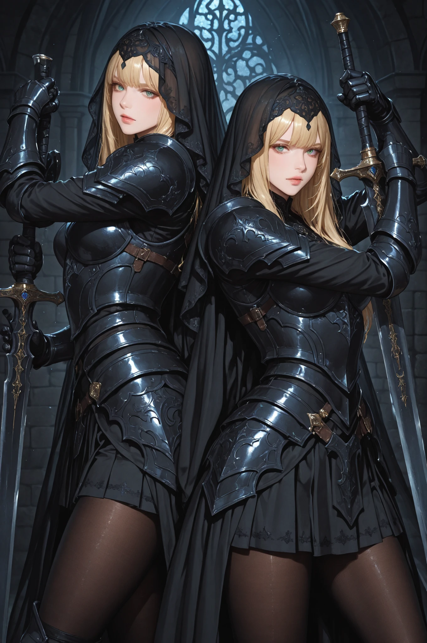 Dungeon background Seven female knights naked, chained Large breasts, hands in chains, leg shackles, pubic rings, sadness, tears, blonde hair, white stockings, ravages, sadness, pain, tongue sticking out, kneeling