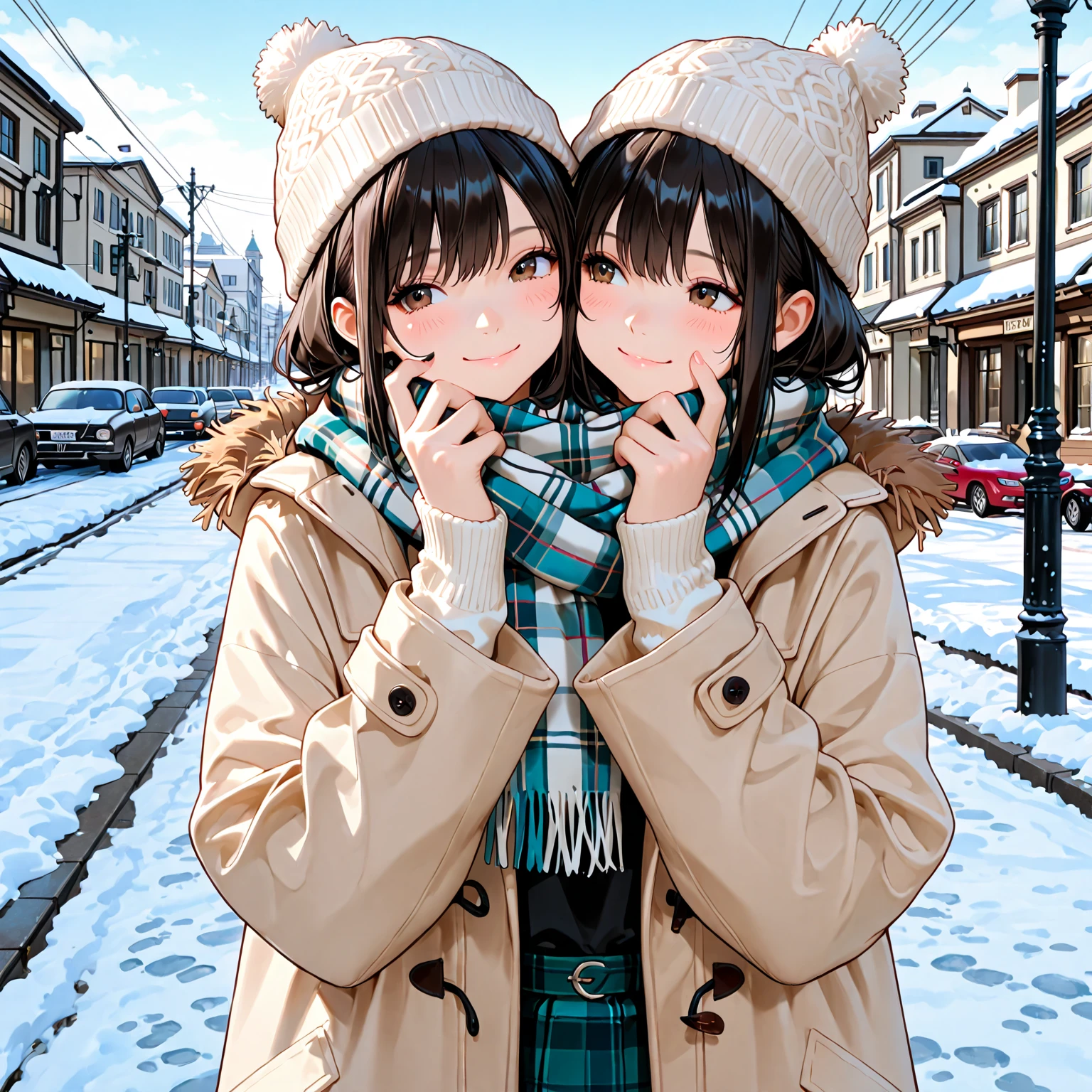 Russian woman with short black hair with bangs, cute, snowy Moscow background with round nose and green pretty eyes