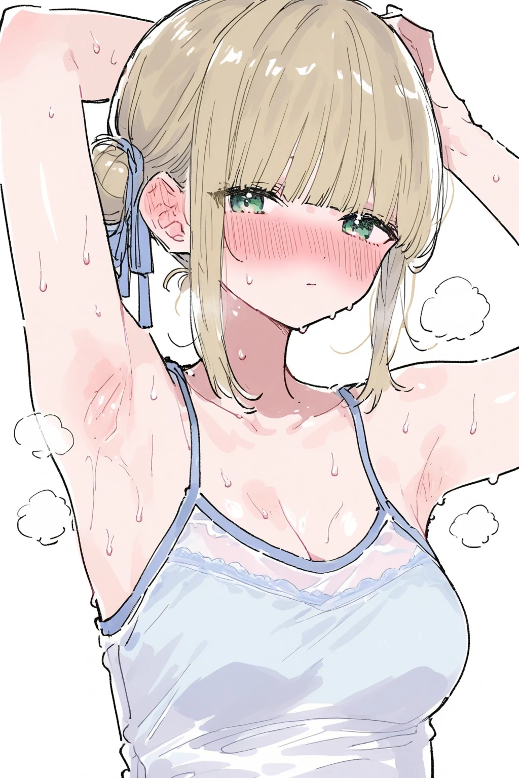 1 person, ((cover your chest with your hands:1.3))、((Small and flat chest:1.7))、 ((No underwear:1.7))、((short blonde hair with a pink ribbon:1.7))、((Apply pink makeup:1.4))、(Cowboy Shot:1.8)、((from the front:1.3)),((Your face is in the center of the frame:1.7))、((Pink Eyeshadow:1.2))、Very beautiful Japanese idol portraits, (RAW Photos, Highest quality), (Realistic, Realistic:1.4), (masterpiece), Very delicate and beautiful, Very detailed, 2k wallpaper, wonderful, finely, Very detailed CG Unity 8K 壁紙, Very detailed, High resolution, Soft Light, Beautiful detailed, Very detailed目と顔, Beautiful and sophisticated nose, Big beautiful eyes, Cinema Lighting, (Simple light color background:1.3), (Blonde short bob cut hair), (Blonde parted bangs), Light Gray Background、 Complete Anatomy, Slender body,Very small breasts:1.7, Sensual look