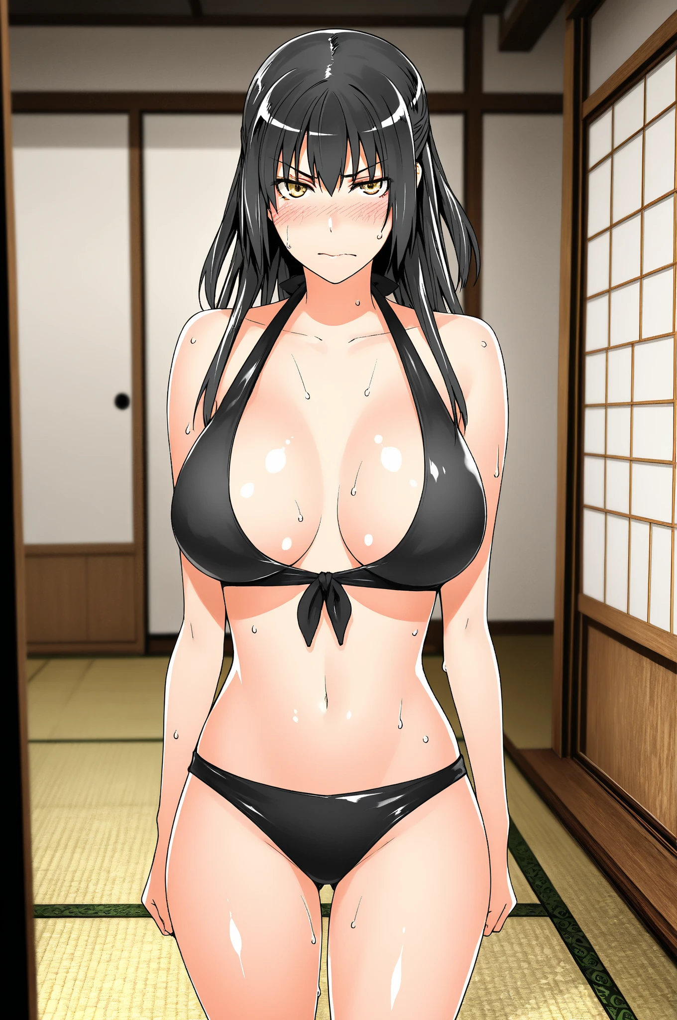 masterpiece, (intricate details), (colorful),cinematic lighting,extremely detailed CG unity 8k wallpaper ,hinata\(boruto\), 1girl,solo, large breasts, (hinata, hyuuga hinata, purple eyes, blunt bangs, black hair) big breasts, perfect breasts, large breasts, round breasts, sexy body, slim waist, nice hips, skinny, nice thighs, black bra, cleavage, bare shoulders, collarbone, underboob, slim waist, red bikini, bikini, swimsuit, plain background, cowboy shot, body shot, front shot, full body, white backdrop, perfect eyes, glowing eyes, beautiful eyes, black background, simple background, no background , body shot, hands on hip