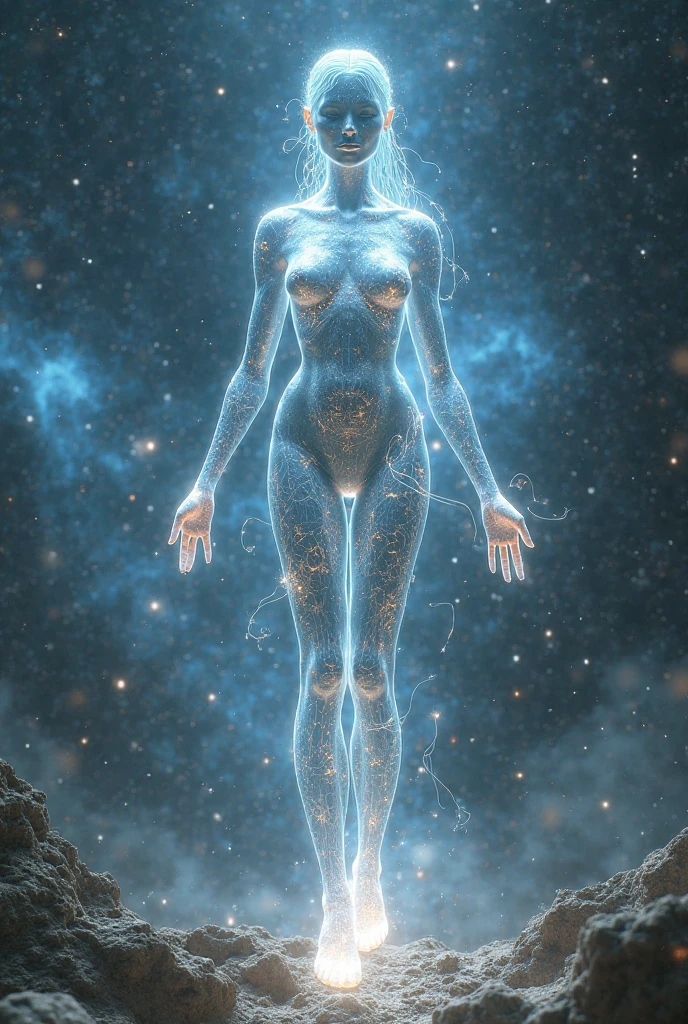 A mysterious humanoid elemental composed of ethereal energy, hovering in the void between dimensions. Its body is a translucent, shifting form made of swirling, luminescent energy, with patterns that seem to flow like cosmic waves. The face is undefined, with only glowing, star-like eyes visible, conveying an otherworldly wisdom. The head is surrounded by a halo of shimmering energy, constantly changing colors from deep purples and blues to bright whites and golds. The torso is slender and slightly elongated, with flowing lines that seem to pulse with energy, giving the impression of a being in constant transformation. The arms are long and elegant, with hands that taper into points of light, leaving trails of energy as they move. The lower half of the body fades into a spiral of cosmic energy, with stars and nebulas faintly visible within. The overall form is elusive and enigmatic, embodying the boundless potential and mystery of the ether. The background is a void filled with distant stars and swirling galaxies, creating an atmosphere of infinite possibilities and connection to the very fabric of the universe.