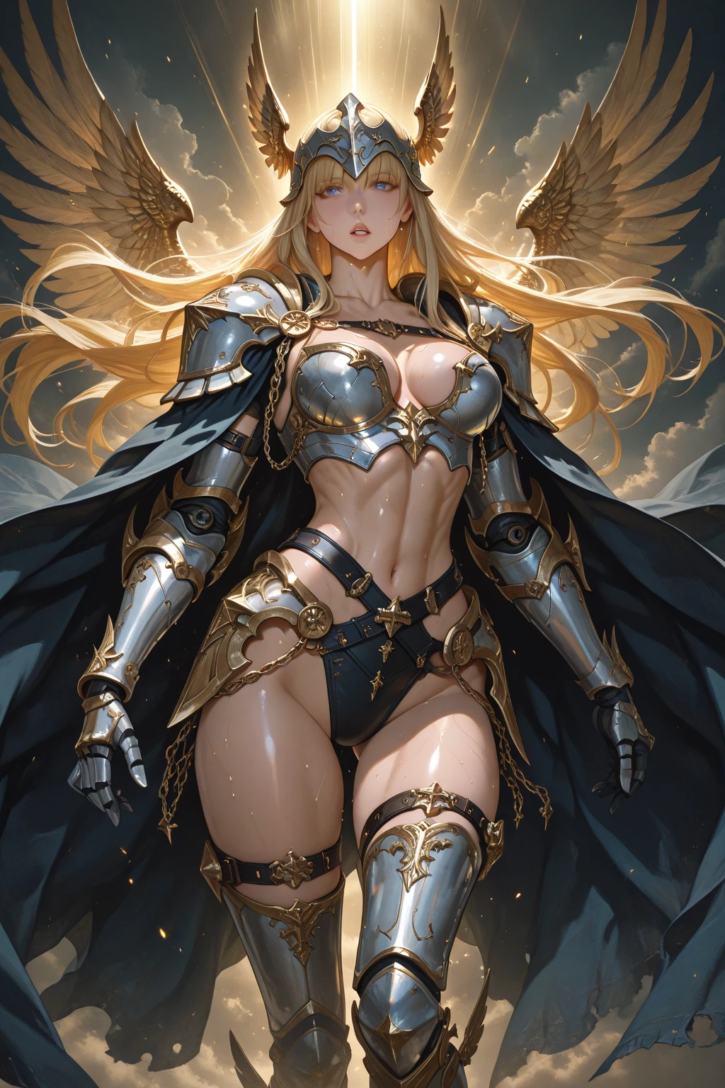 ((erotic art)), (((NSFW))), Nordic Valkyrie, long blonde hair. fierce blue eyes, full nude body, perfect medium tits, she is showing her perfect ass