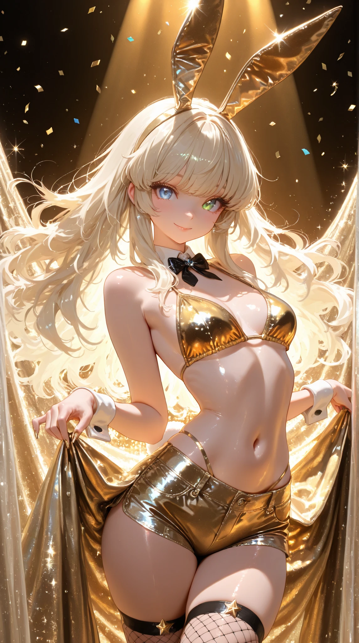 {masterpiece}, {best quality}, {masterpiece,best quality,official art,extremely detailed CG unity 8k wallpaper}, comic, mature female, milf, night, long hair, blonde hair, hair twirling, hair behind ear, butterfly hair ornament, light blush, purple eyes, pink eyeshadow, heart-shaped eyes, large breasts, breasts out, transparent underwear, no_panties, black pantyhose, high heels, jewelry, earrings,
