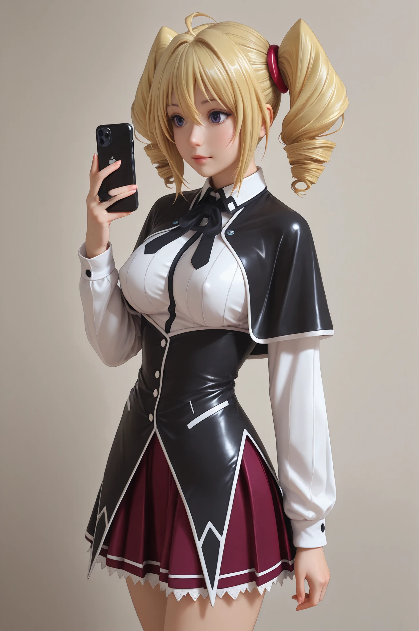 masterpiece, best quality, highres,solo,mature girl,blonde hair, long hair,blunt bangs,hairband,bangs,red eyes, top hat,glowing eyes,black shirt,open  shirt,red skirt,thighhighs,  single thighhigh,long sleeves, cowboy shot,( small ???????:1.3), outdoors, evil smile, night, hand on hip,extremely details texture,????