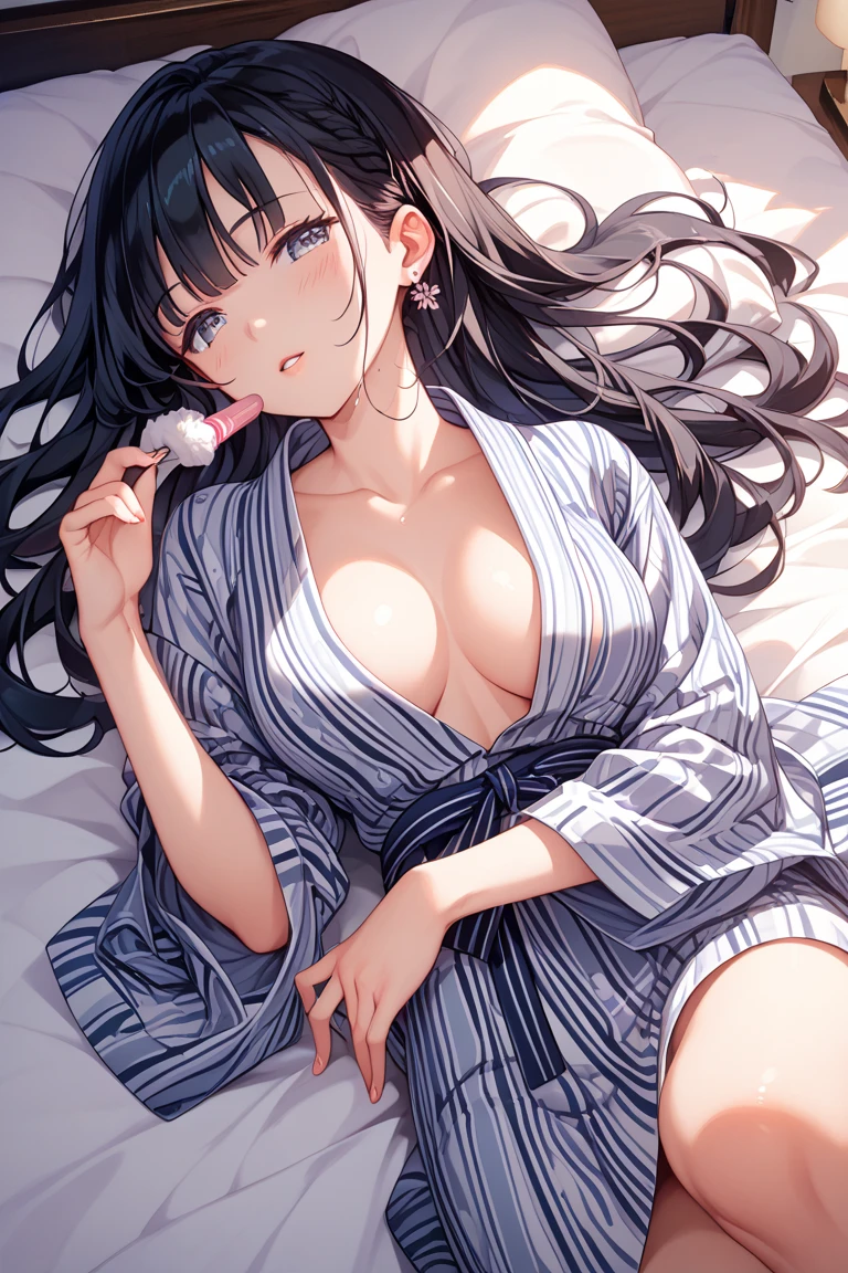 Attractive long black hair、Beautiful woman at 32 years old、Double eyelids、tthin eyebrows、Sleeping in a snow-white bed、No Underwear、Open your legs wide and look inside your thighs、You can see the whole body、Yukata gets wet with sweat and sticks to the skin、1 thin white see-through yukata、very large breast、The color and shape of the tip of the chest is visible 、You can see the color and shape of the areola、Looks a lot of pubic hair、The entire chest shows through、