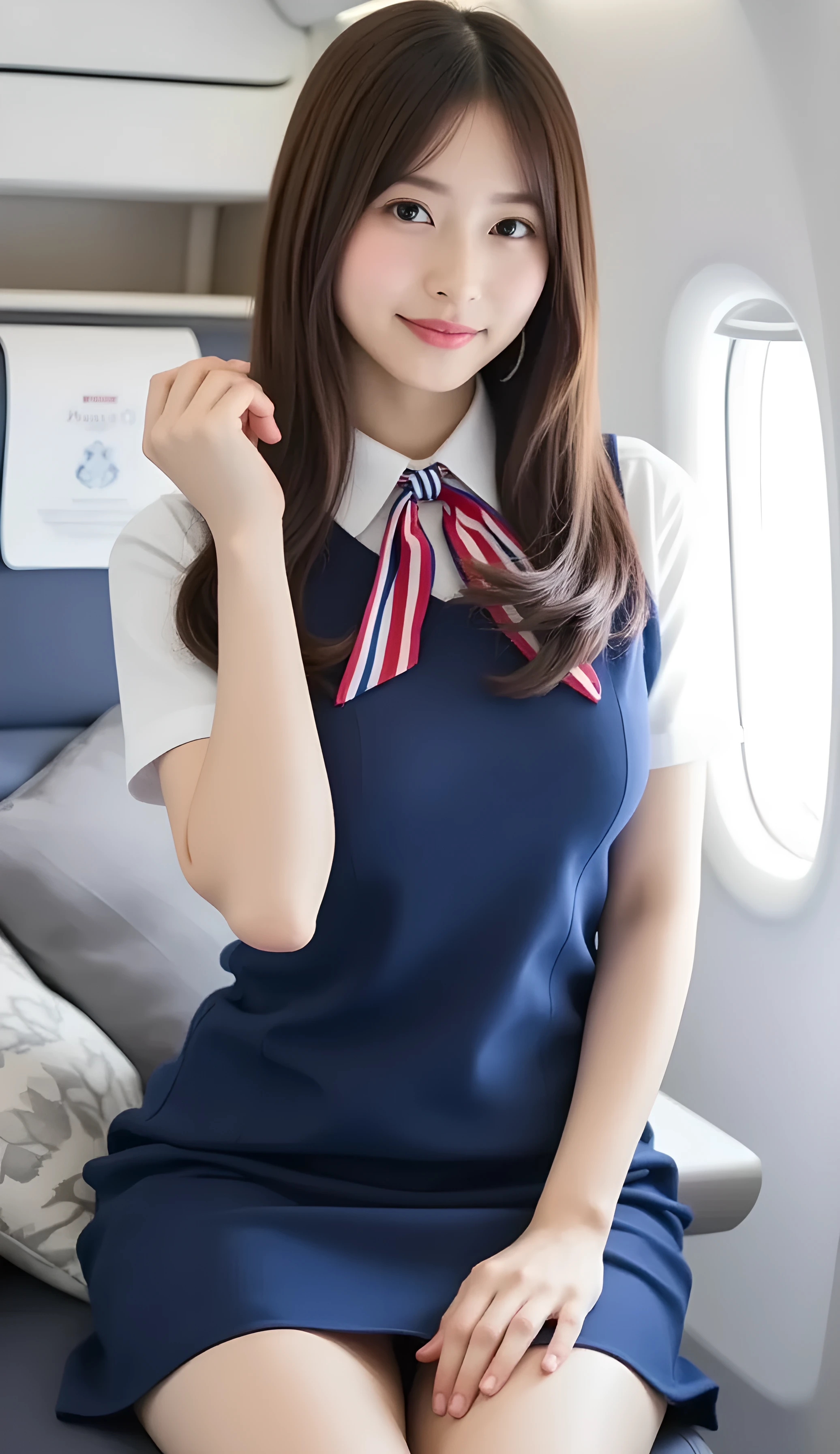 (Highest Quality、table top、8k、winning work、 super high resolution 、best image quality)、(beautiful woman wearing JAL flight attendant uniform:1.1)、( White Polyester Collared Shirt、navy blue uniform、navy blue pencil miniskirt、scarf wrapped around the neck)、(The most beautiful smile looking at me:1.1)、beautiful and tastefully put together hair at the back、brown hair、 Libraries 、(she stands gracefully:1.1)、(On the plane:1.1)、背景にOn the planeの様子、居心地の良い Libraries 、natural makeup、color contact lenses、emphasizes body line、 Abundant breasts 、Soft and warm lighting、detailed airplane interior、(super high resolution の正確な美しい髪:1.1)、(accurate anatomy:1.2)、ultra high definition beautiful eyes、(big breasts)